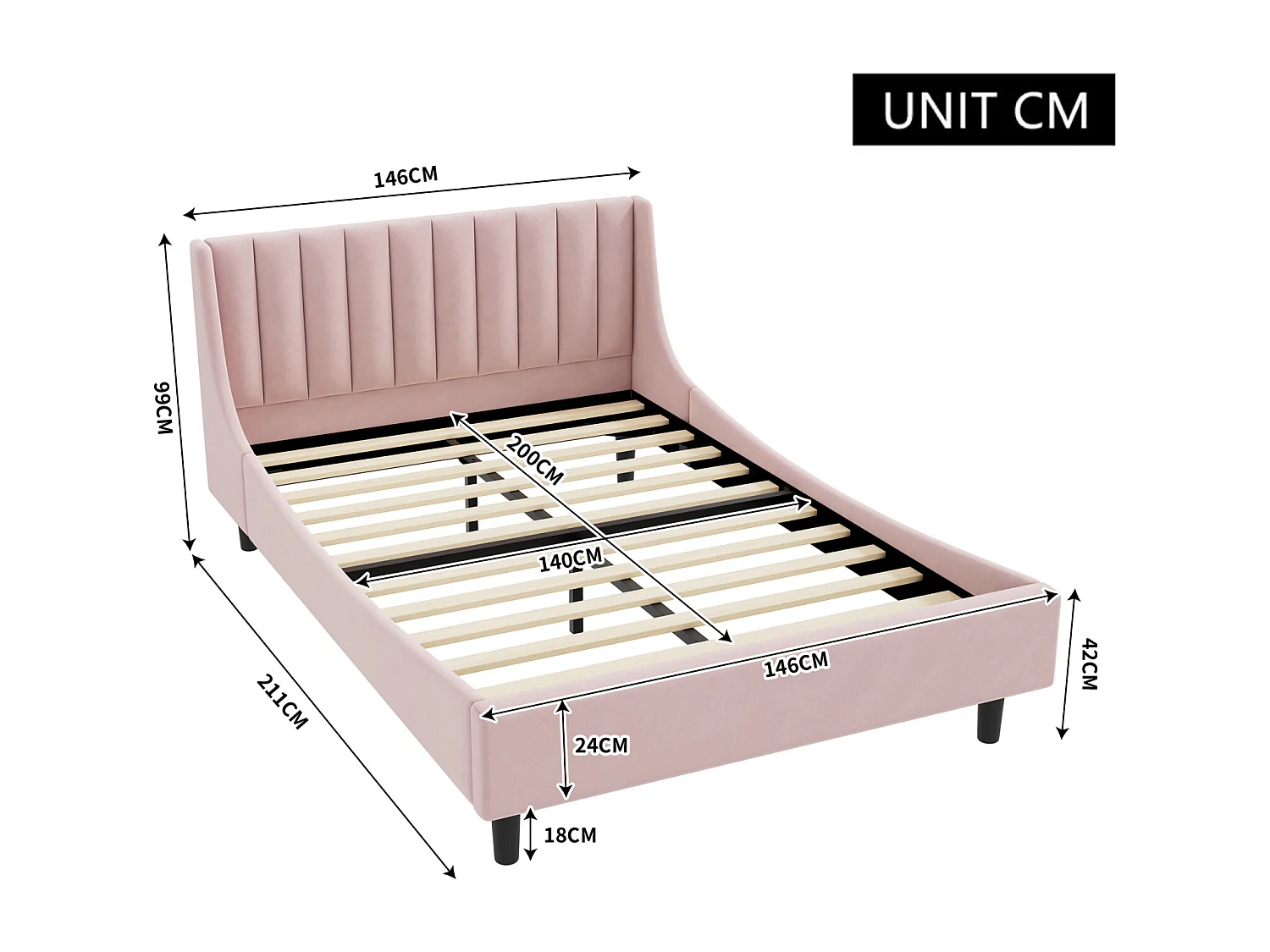 Volwassen bed 140 x 200 cm, tweepersoonsbed, gestoffeerd bed met lattenbodem, tienerbed, fluweel, roze