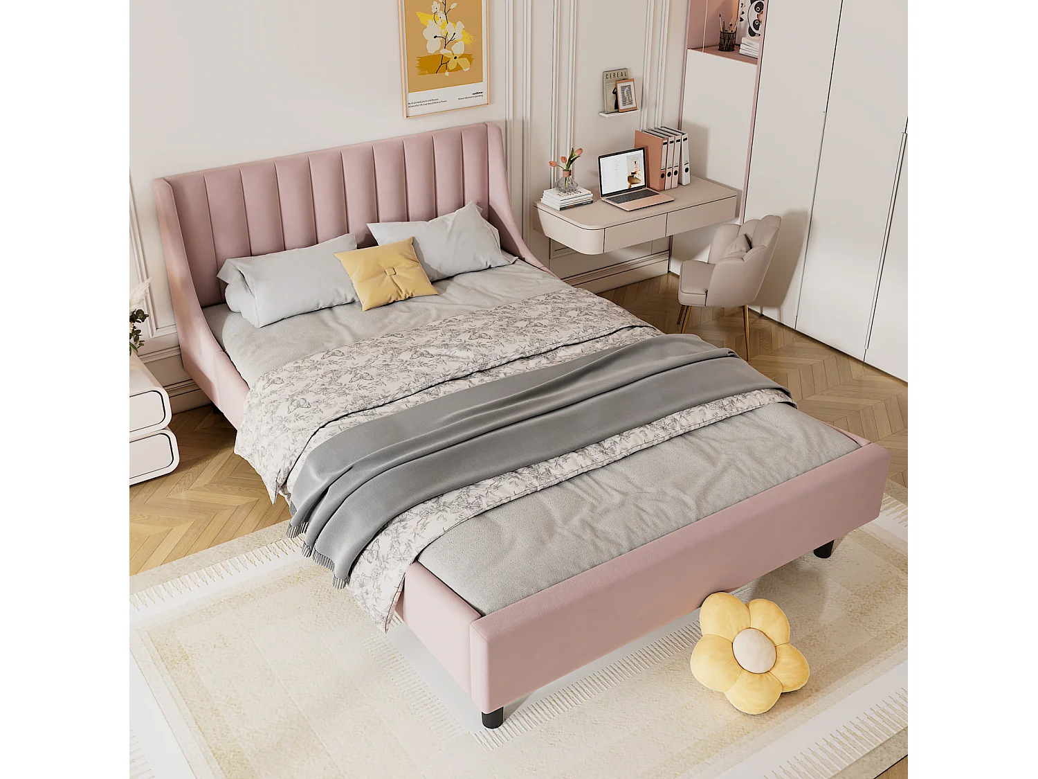Volwassen bed 140 x 200 cm, tweepersoonsbed, gestoffeerd bed met lattenbodem, tienerbed, fluweel, roze