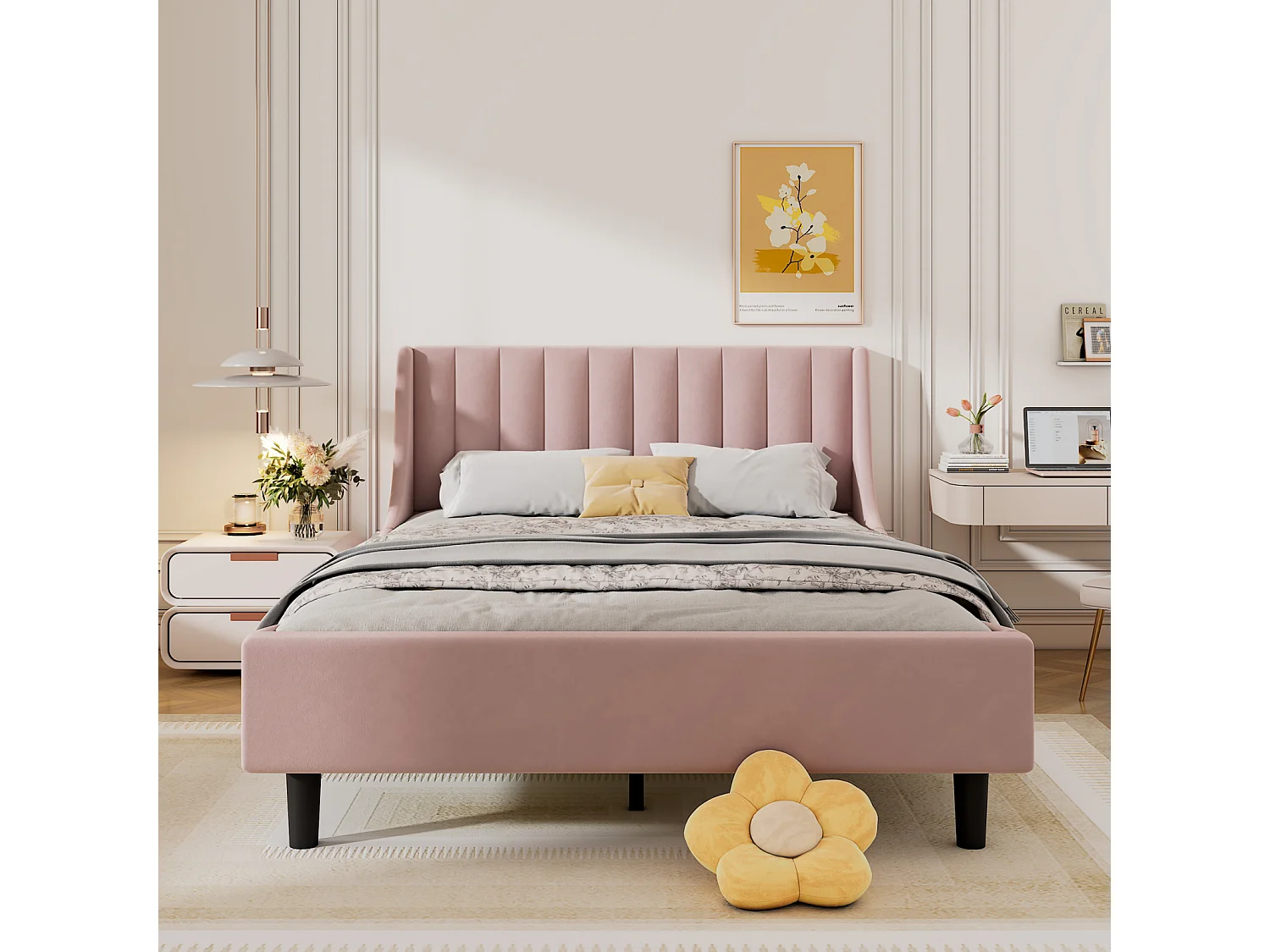 Volwassen bed 140 x 200 cm, tweepersoonsbed, gestoffeerd bed met lattenbodem, tienerbed, fluweel, roze