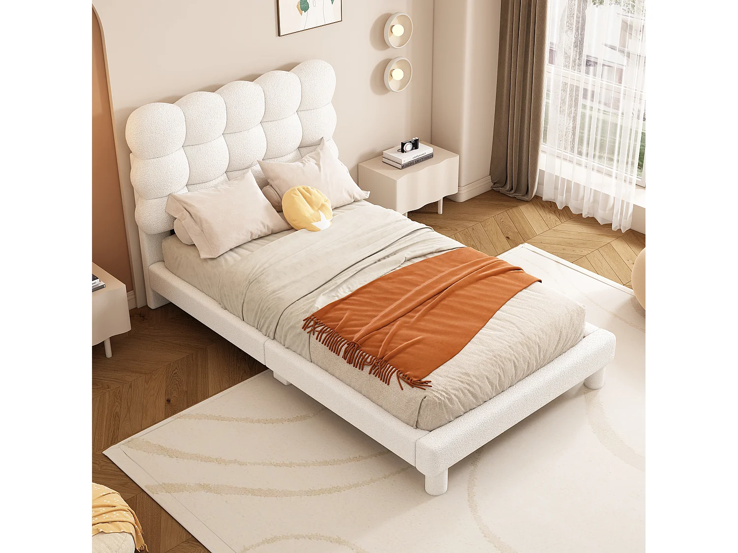 Lit simple rembourré en sherpa - 90x200 cm - Blanc