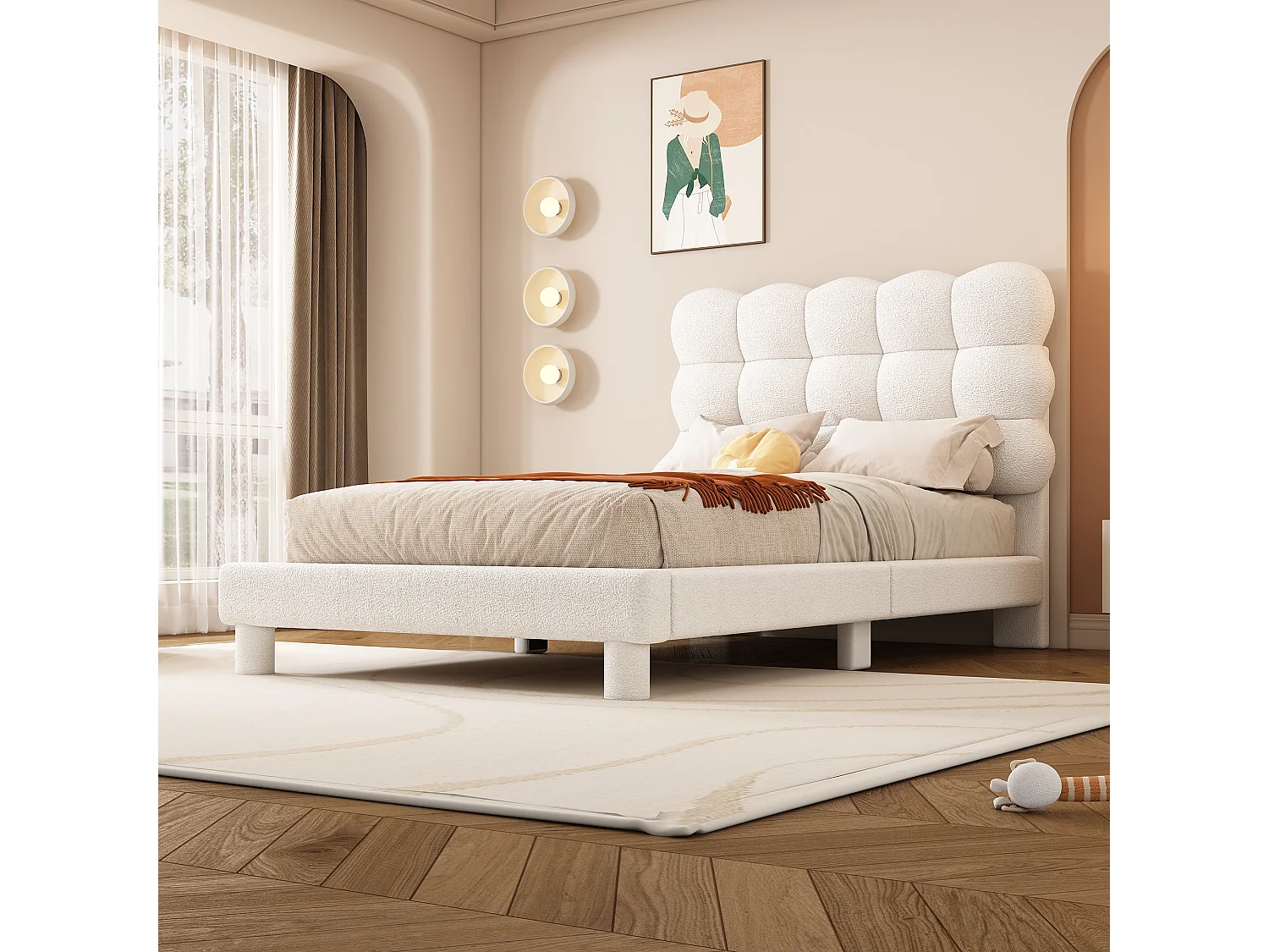 Lit simple rembourré en sherpa - 90x200 cm - Blanc