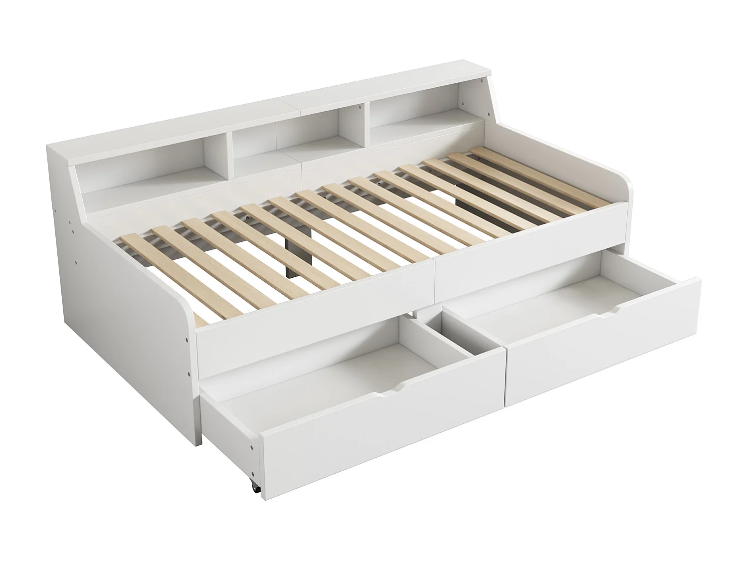 Letto singolo per bambini 90x200cm, in lino di pino con 2 cassetti e piccolo vano portaoggetti, rete a doghe, bianco