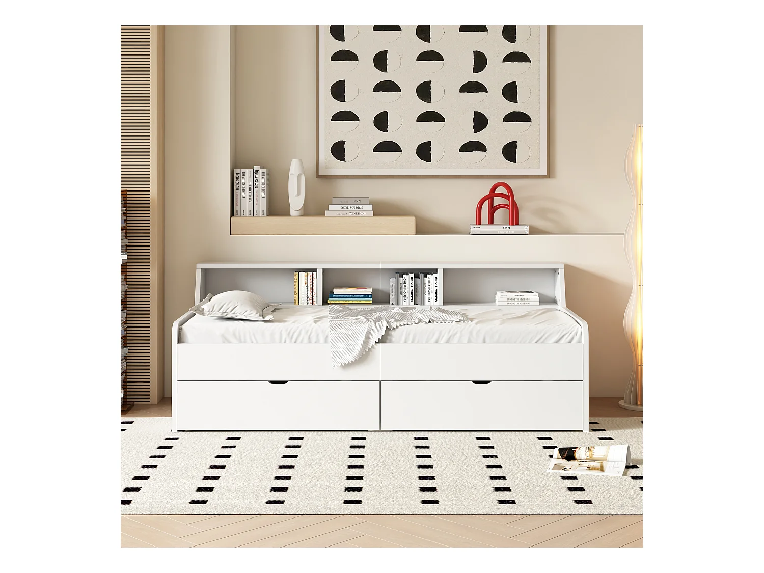 Cama individual infantil 90x200cm, lino pino con 2 cajones y pequeño compartimento de almacenaje, somier de láminas, color blanco