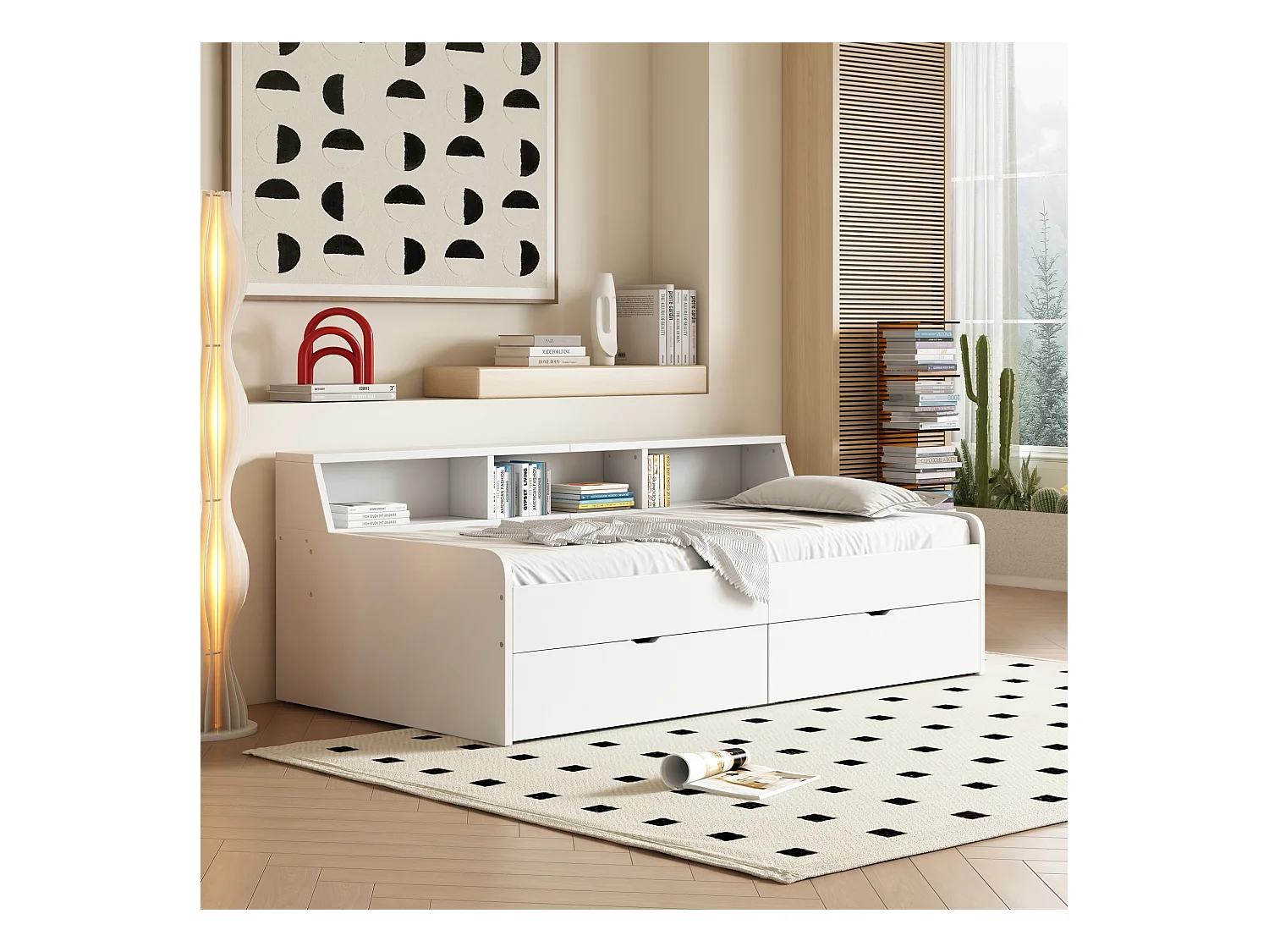 Cama individual infantil 90x200cm, lino pino con 2 cajones y pequeño compartimento de almacenaje, somier de láminas, color blanco