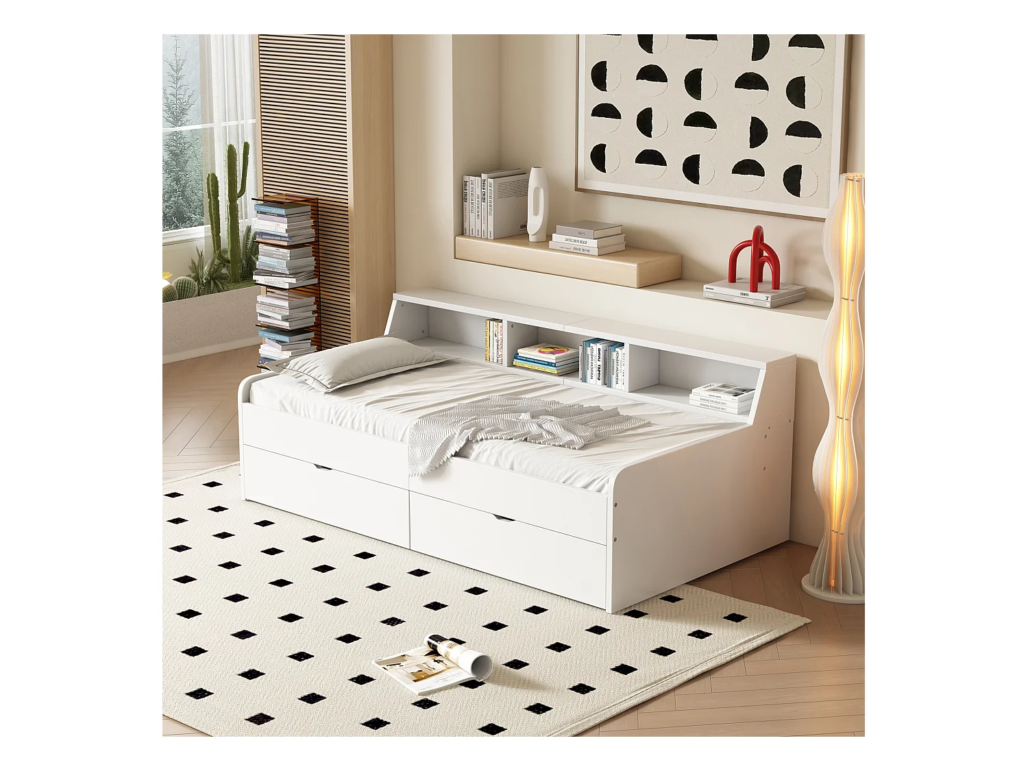 Cama individual infantil 90x200cm, lino pino con 2 cajones y pequeño compartimento de almacenaje, somier de láminas, color blanco