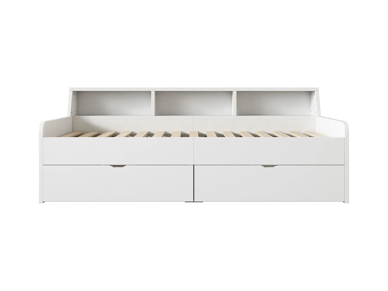 Cama individual infantil 90x200cm, lino pino con 2 cajones y pequeño compartimento de almacenaje, somier de láminas, color blanco