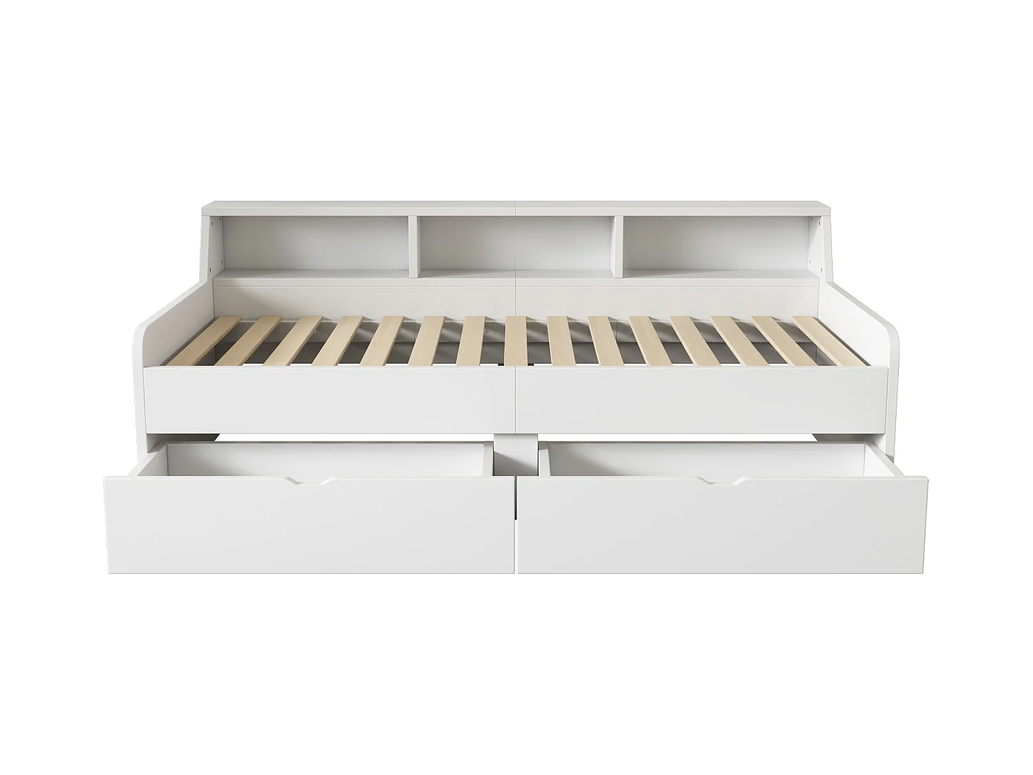 Cama individual infantil 90x200cm, lino pino con 2 cajones y pequeño compartimento de almacenaje, somier de láminas, color blanco