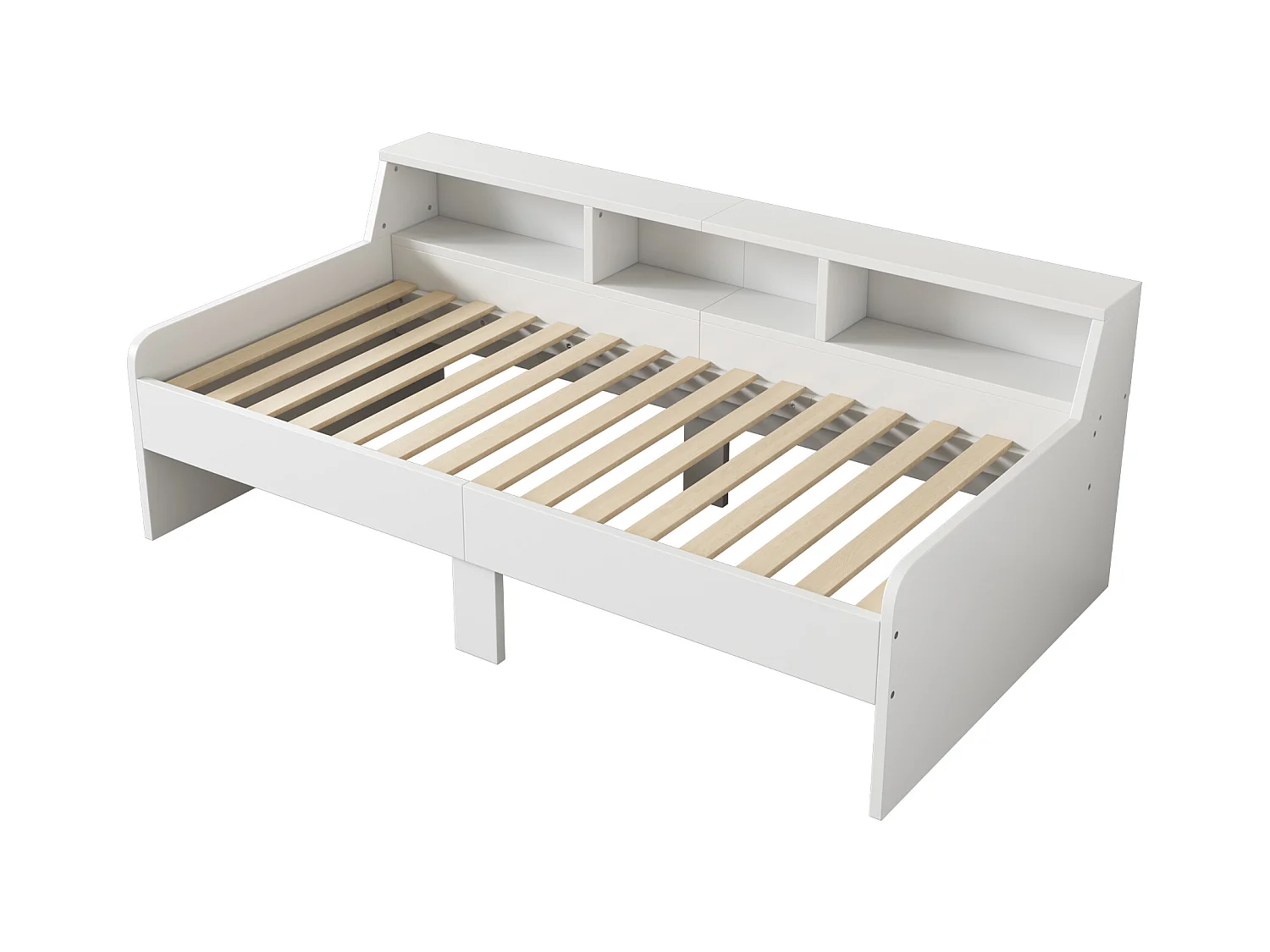 Cama individual infantil 90x200cm, lino pino con 2 cajones y pequeño compartimento de almacenaje, somier de láminas, color blanco