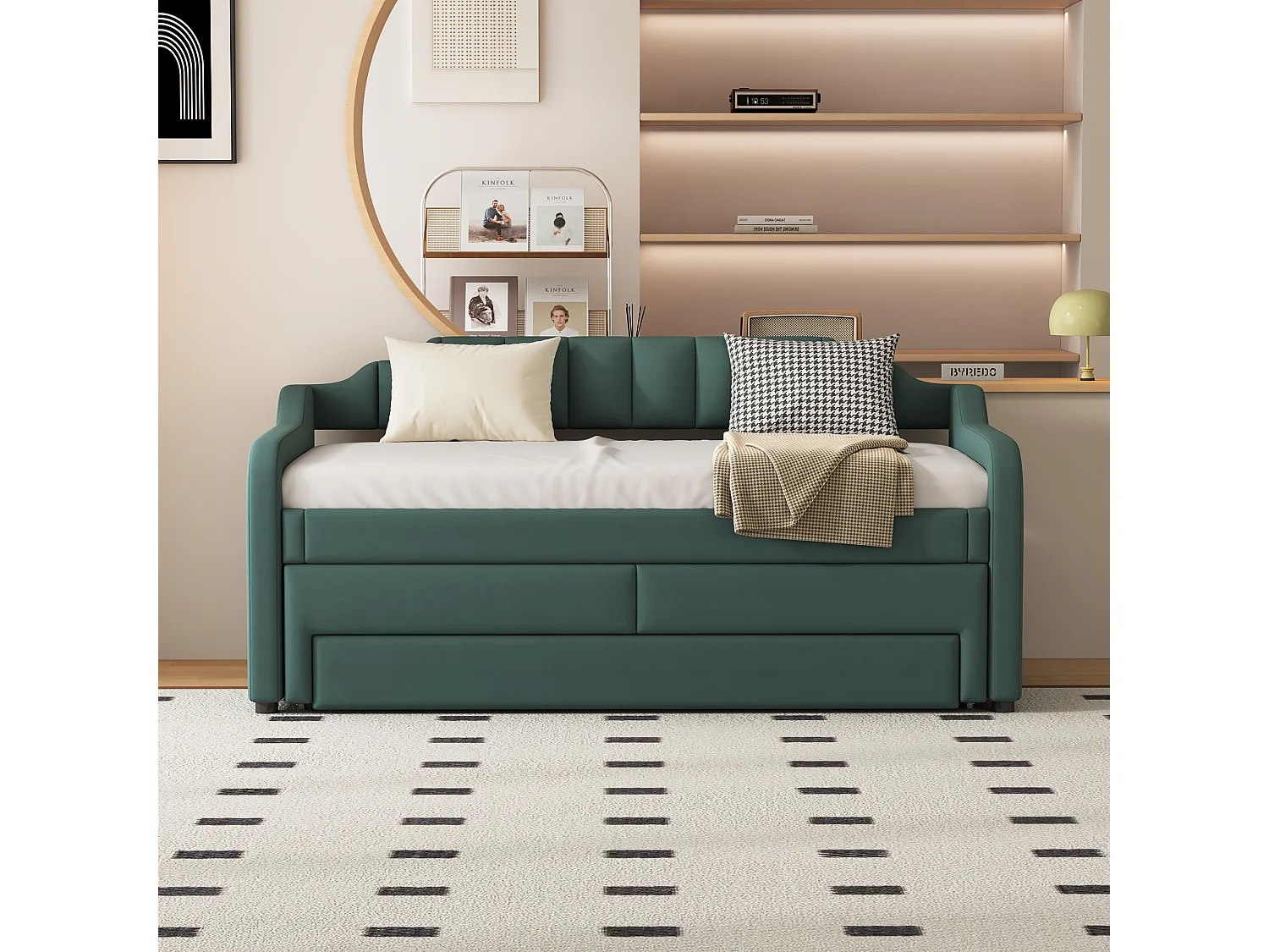Cama de rodízio 90x200+90x190cm, cama infantil estofada com rodízios, gavetas, sofá-cama, verde
