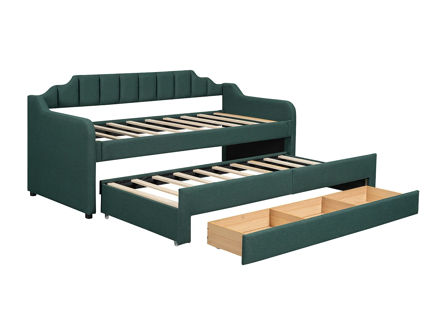 Cama de rodízio 90x200+90x190cm, cama infantil estofada com rodízios, gavetas, sofá-cama, verde