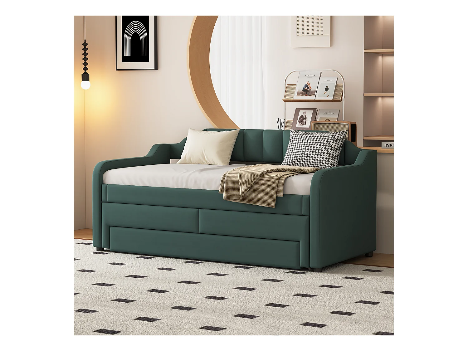 Cama nido 90x200+90x190cm, cama infantil tapizada con almacenaje con ruedas, cajones, sofá cama, color verde