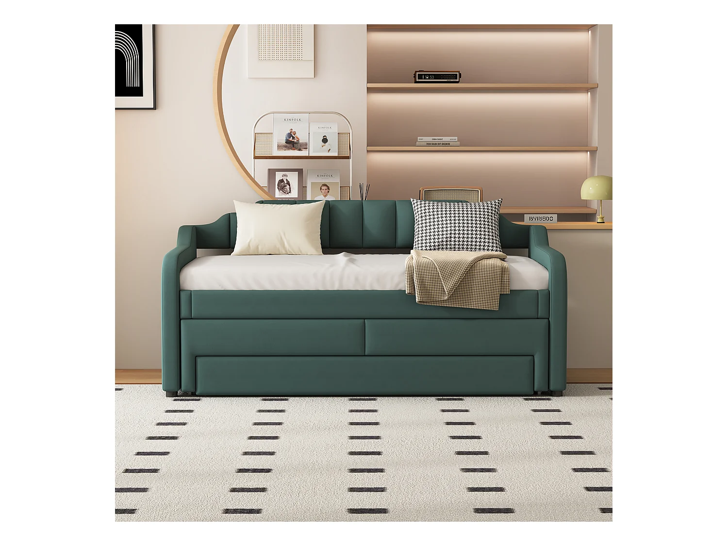 Cama nido 90x200+90x190cm, cama infantil tapizada con almacenaje con ruedas, cajones, sofá cama, color verde