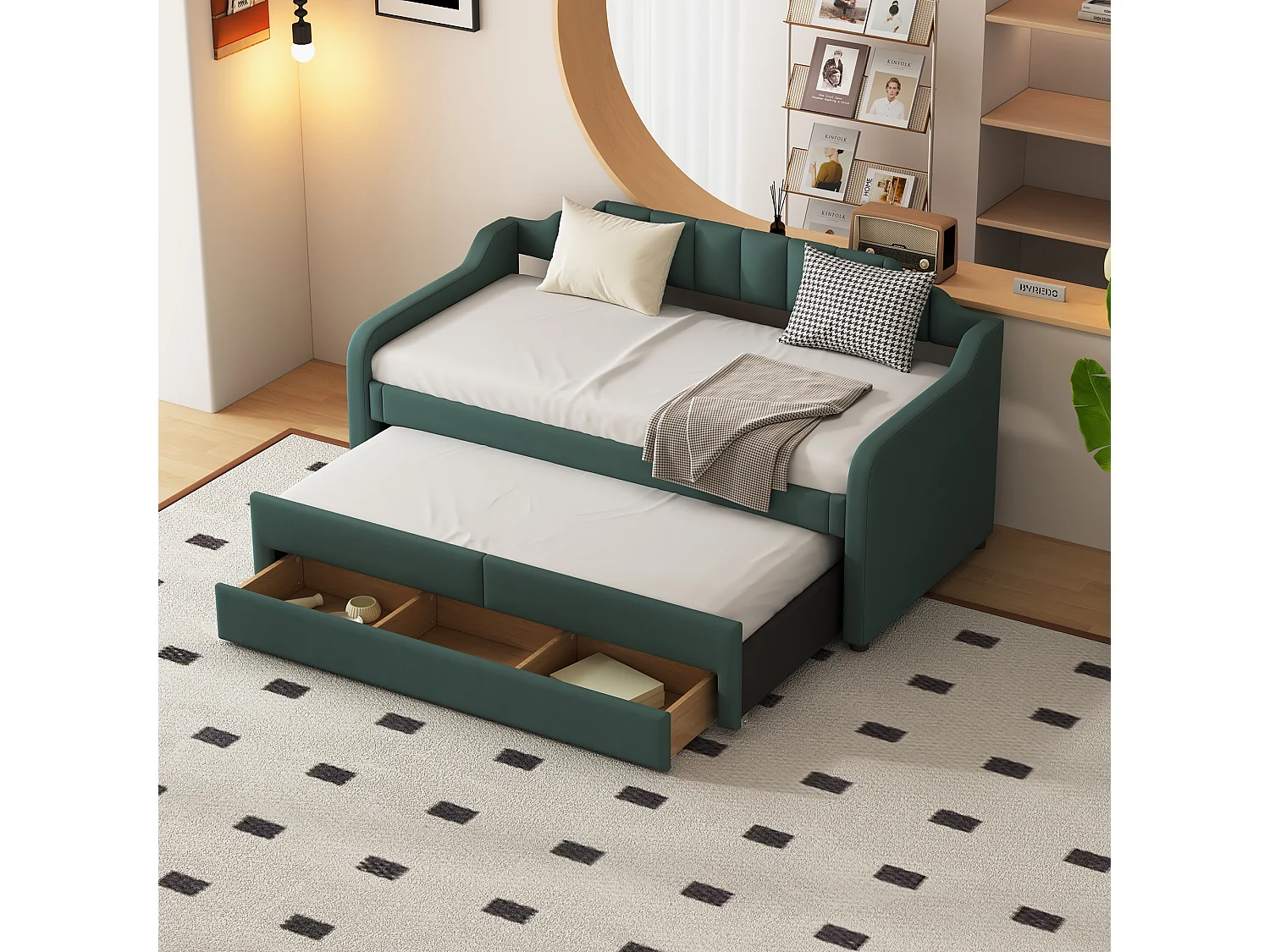 Uitschuifbed 90x200+90x190cm, gestoffeerd kinderbed met opbergruimte op wielen, lades, slaapbank, groen