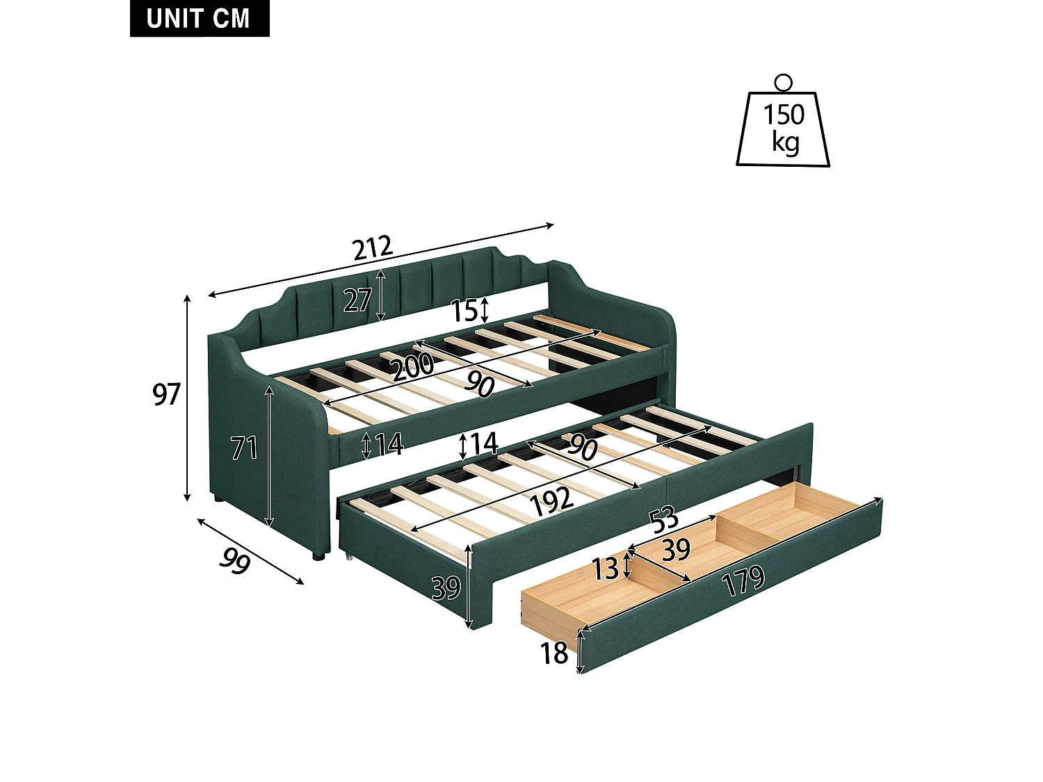 Uitschuifbed 90x200+90x190cm, gestoffeerd kinderbed met opbergruimte op wielen, lades, slaapbank, groen