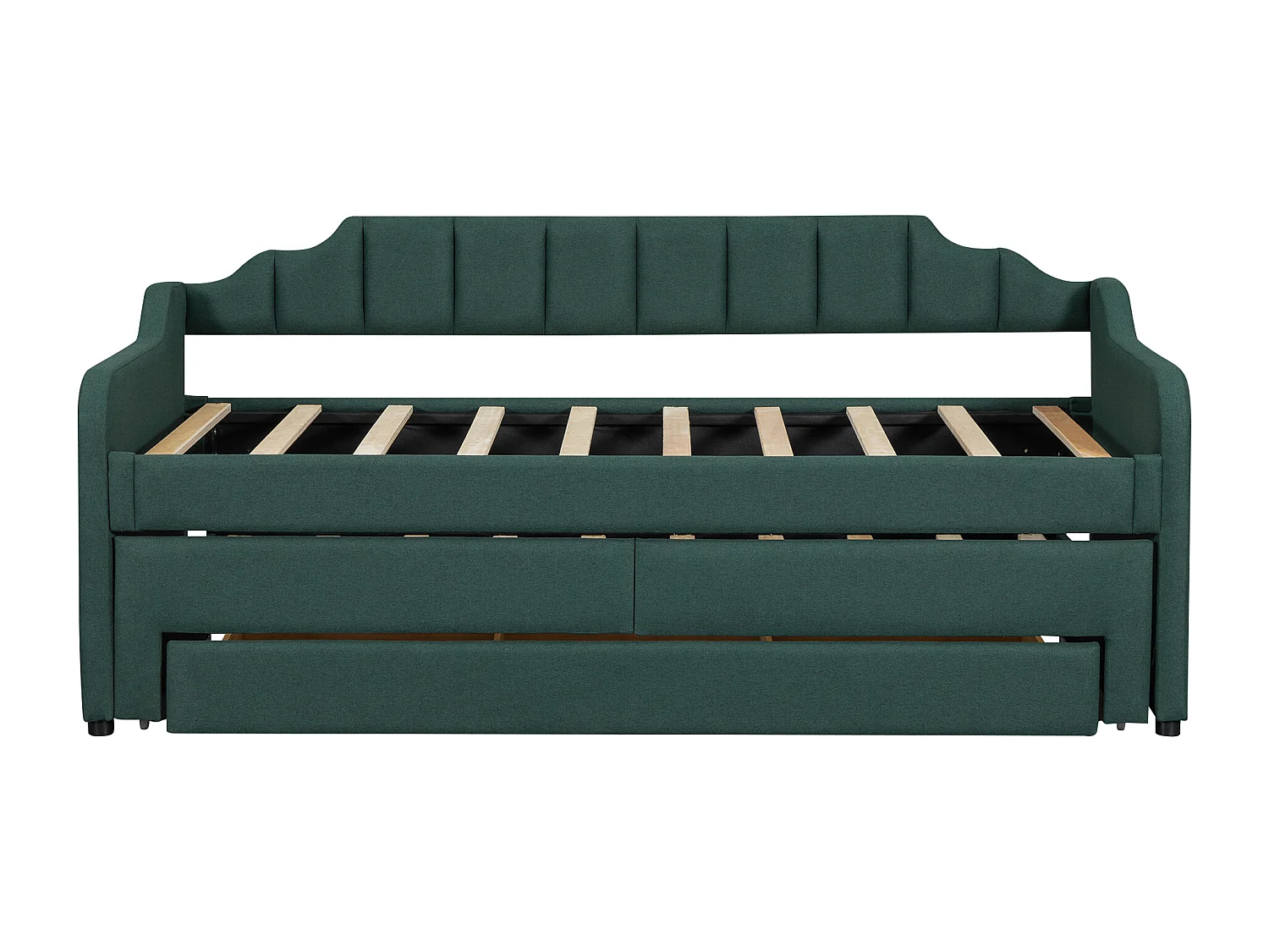 Uitschuifbed 90x200+90x190cm, gestoffeerd kinderbed met opbergruimte op wielen, lades, slaapbank, groen