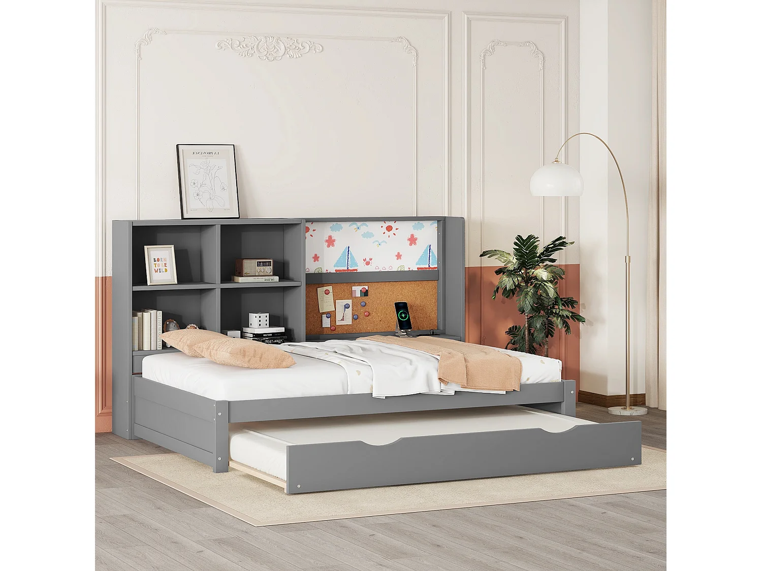 Uitschuifbed 90x200cm+90x190cm, slaapbank met opberghoofdeinde en USB-oplaadpoort, grijs