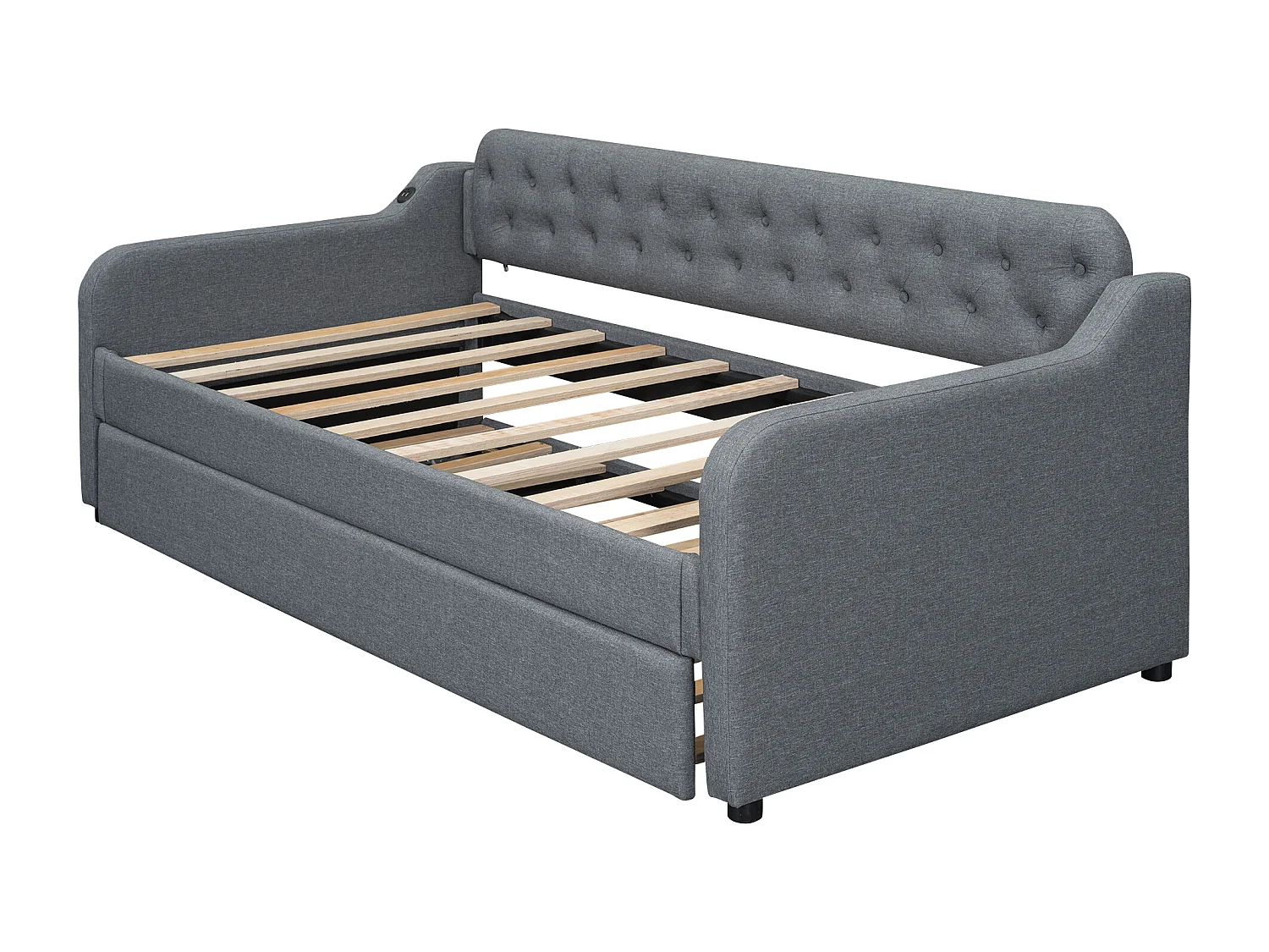 Lit gigogne 90/180x200cm, canapé lit extensible, méridienne avec port USB, sans matelas, gris