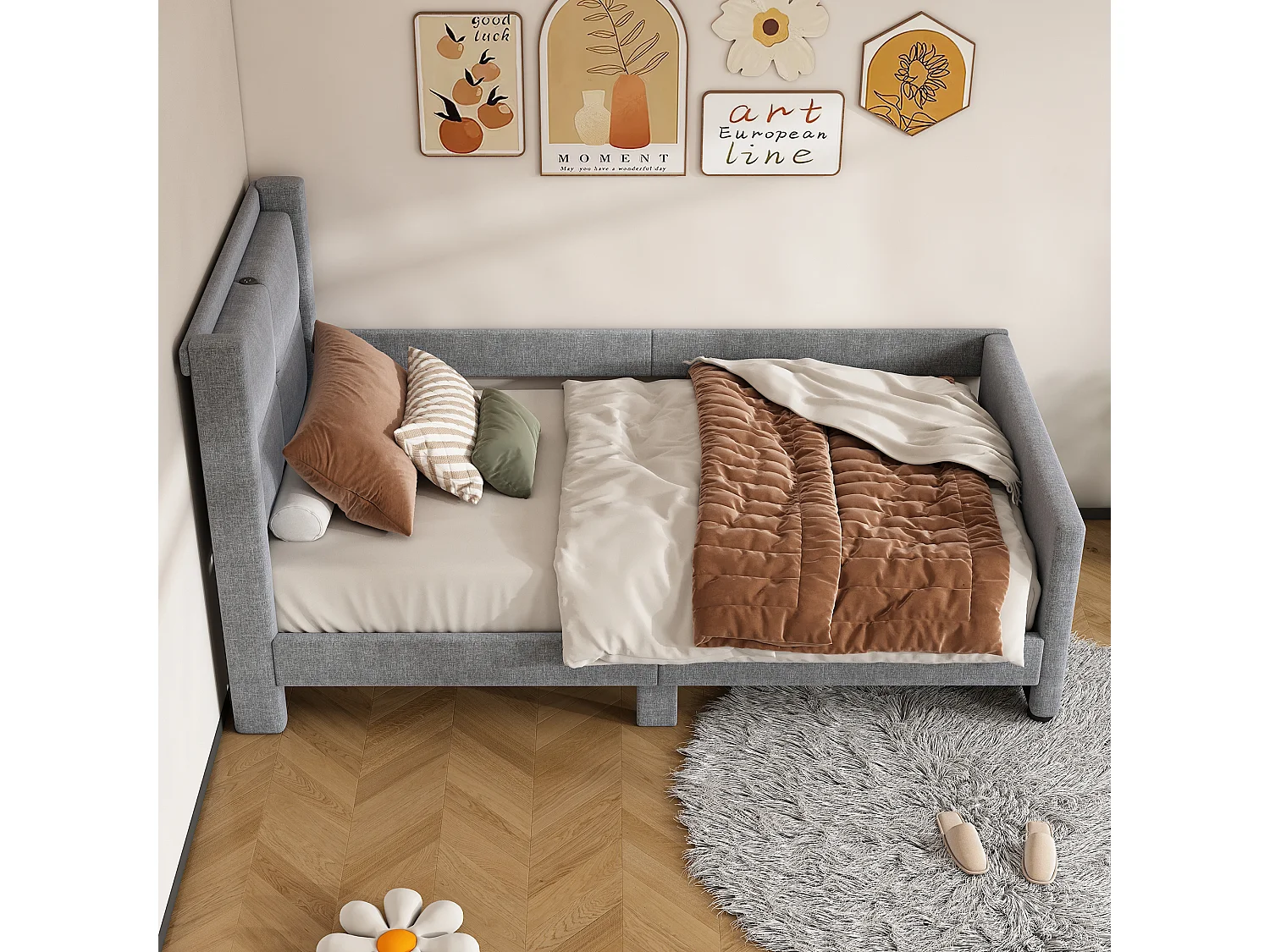 Lit simple 90x200cm , lit plat, avec port USB, lit enfant/adulte, gris