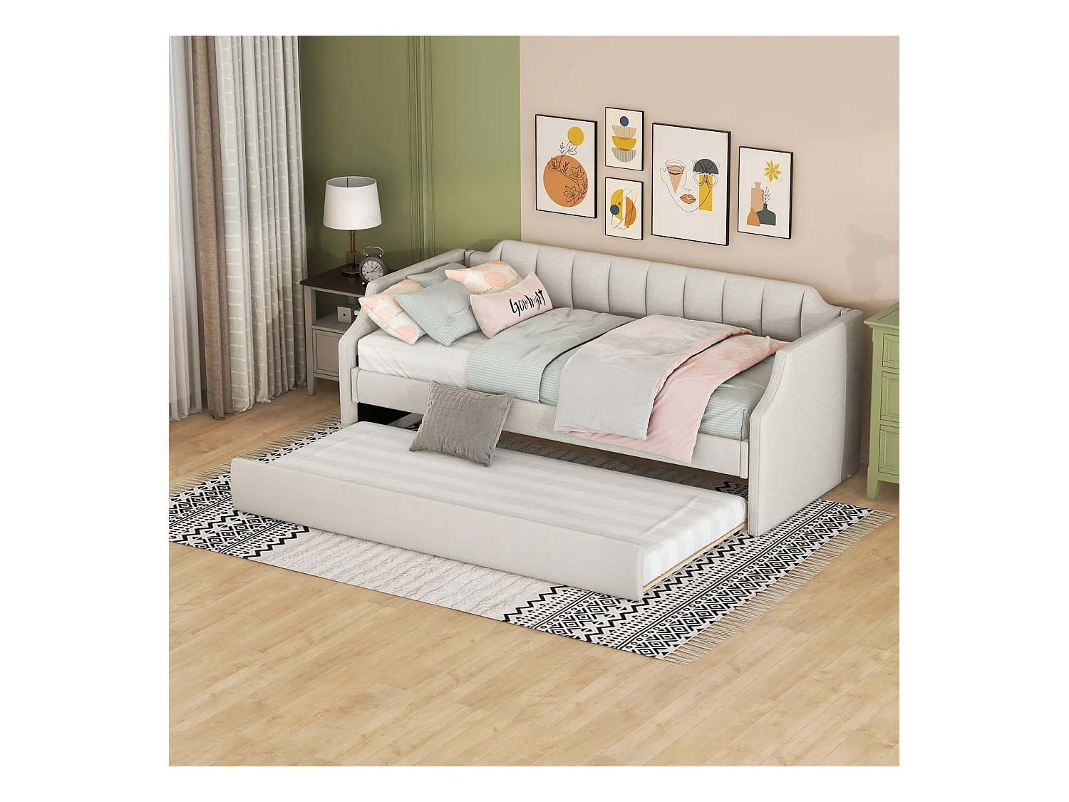 Lit gigogne 90x190 cm/90x200 cm,  cadre en métal, lit capitonné en lin - Beige