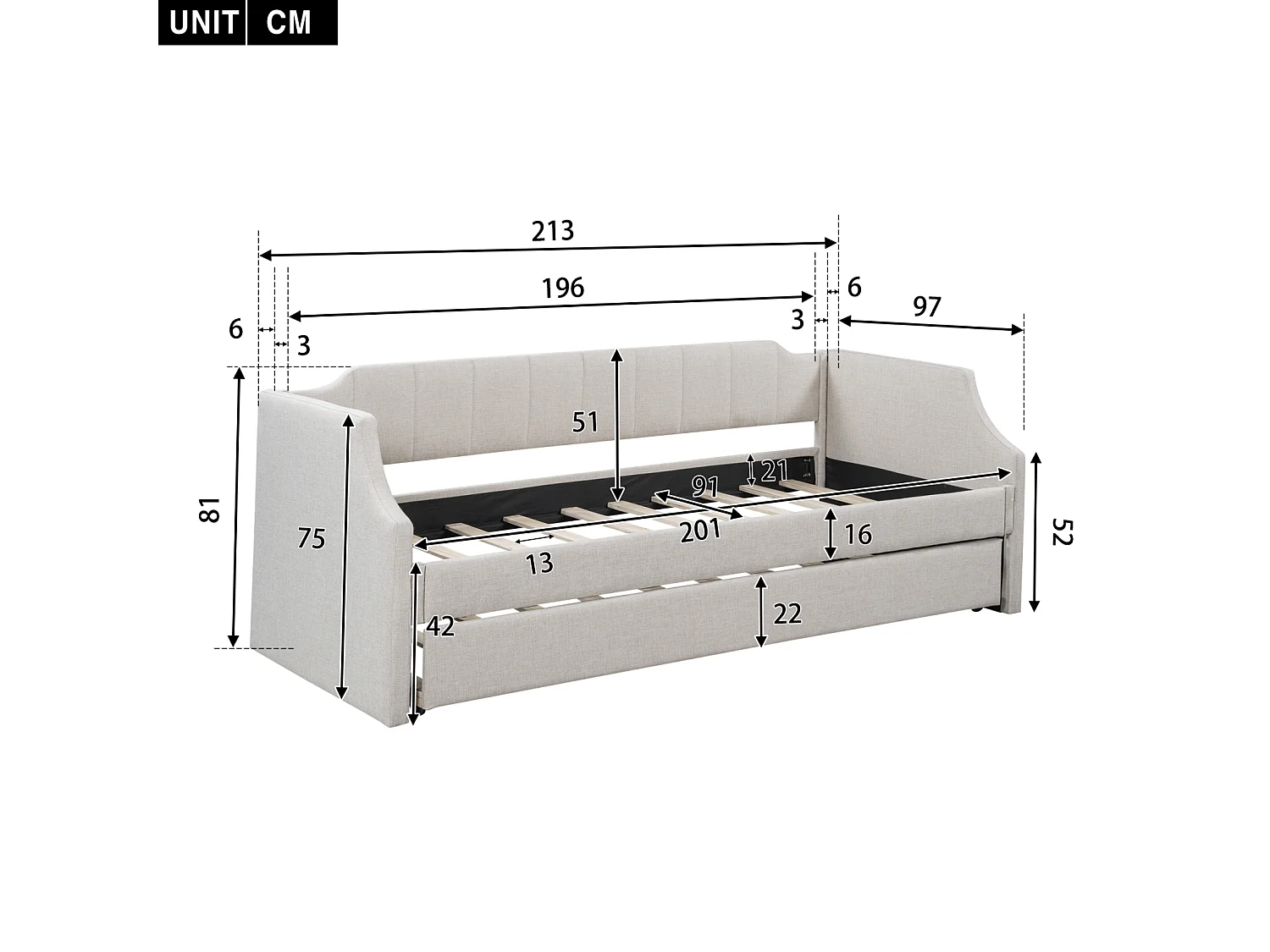 Uitschuifbed 90x190 cm/90x200 cm, metalen frame, linnen gestoffeerd bed - Beige