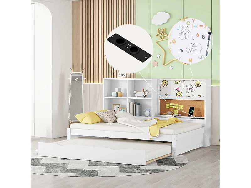 Cama de rodízio 90x200cm + 90x190cm, sofá-cama com cabeceira de armazenamento e porta de carregamento USB, branco