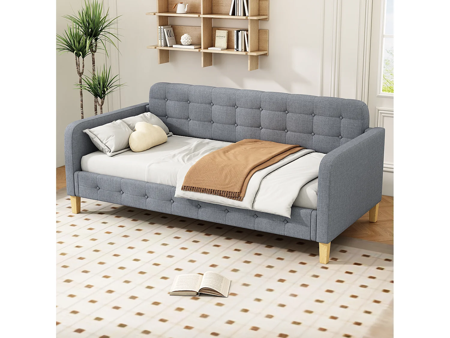 DRIPEX linnen slaapbank 90×200cm, bedframe, knoopversiering, eenvoudig en elegant bed, grijs