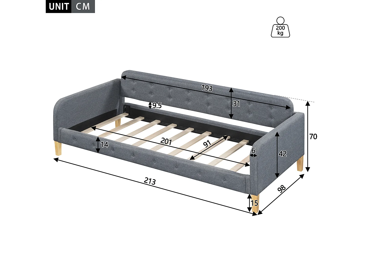 DRIPEX linnen slaapbank 90×200cm, bedframe, knoopversiering, eenvoudig en elegant bed, grijs