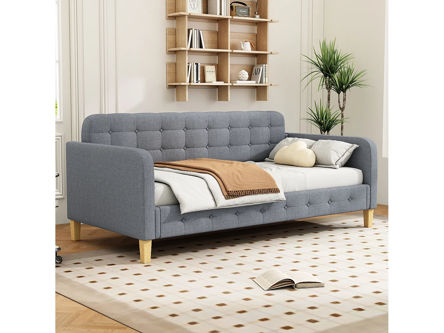 DRIPEX linnen slaapbank 90×200cm, bedframe, knoopversiering, eenvoudig en elegant bed, grijs