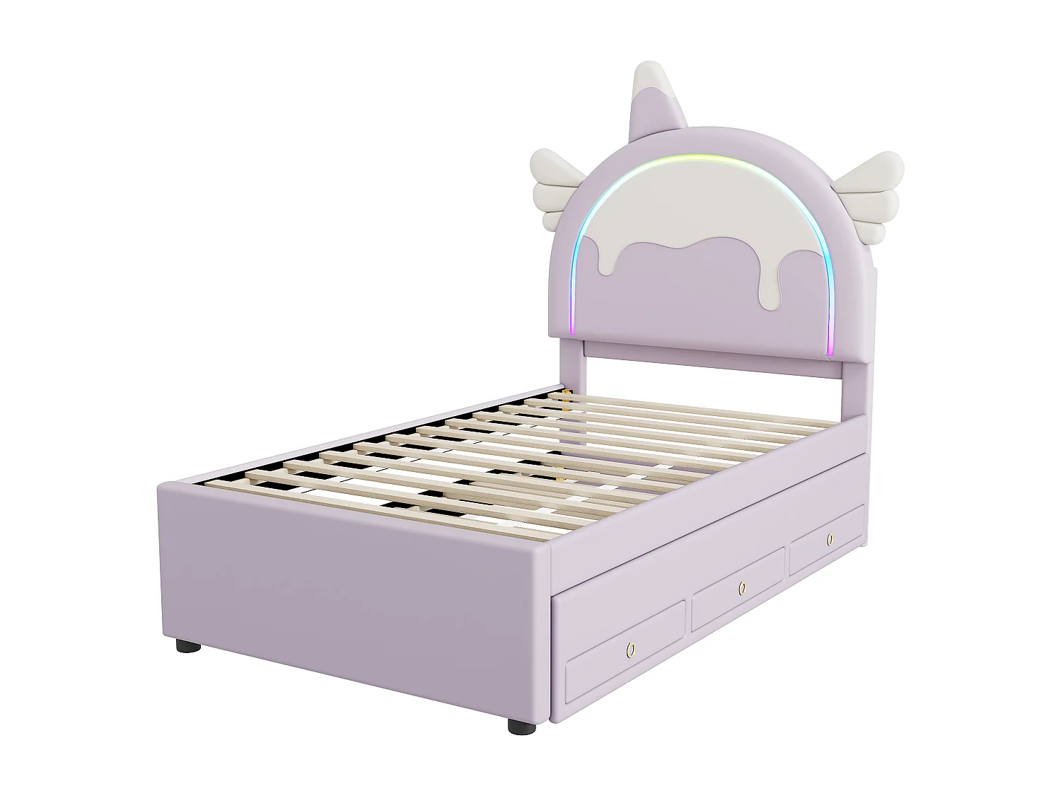 Uitschuifbed 90x200cm+90x190cm, kinderbed met 3 lades, lattenbodem en eenhoorn hoofdbord, PU-materiaal, paars