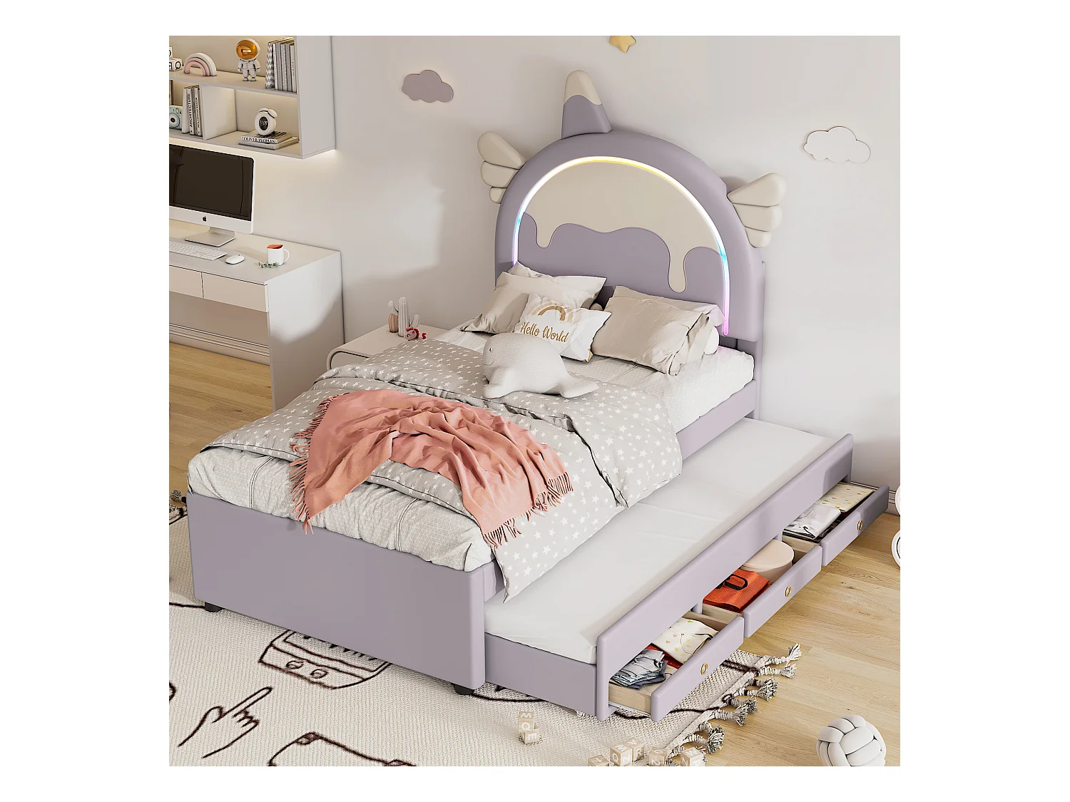 Lit gigogne 90x200cm+90x190cm, lit d'enfant avec 3 tiroirs, sommier à lattes et tête de lit forme licorne, matière PU, violet