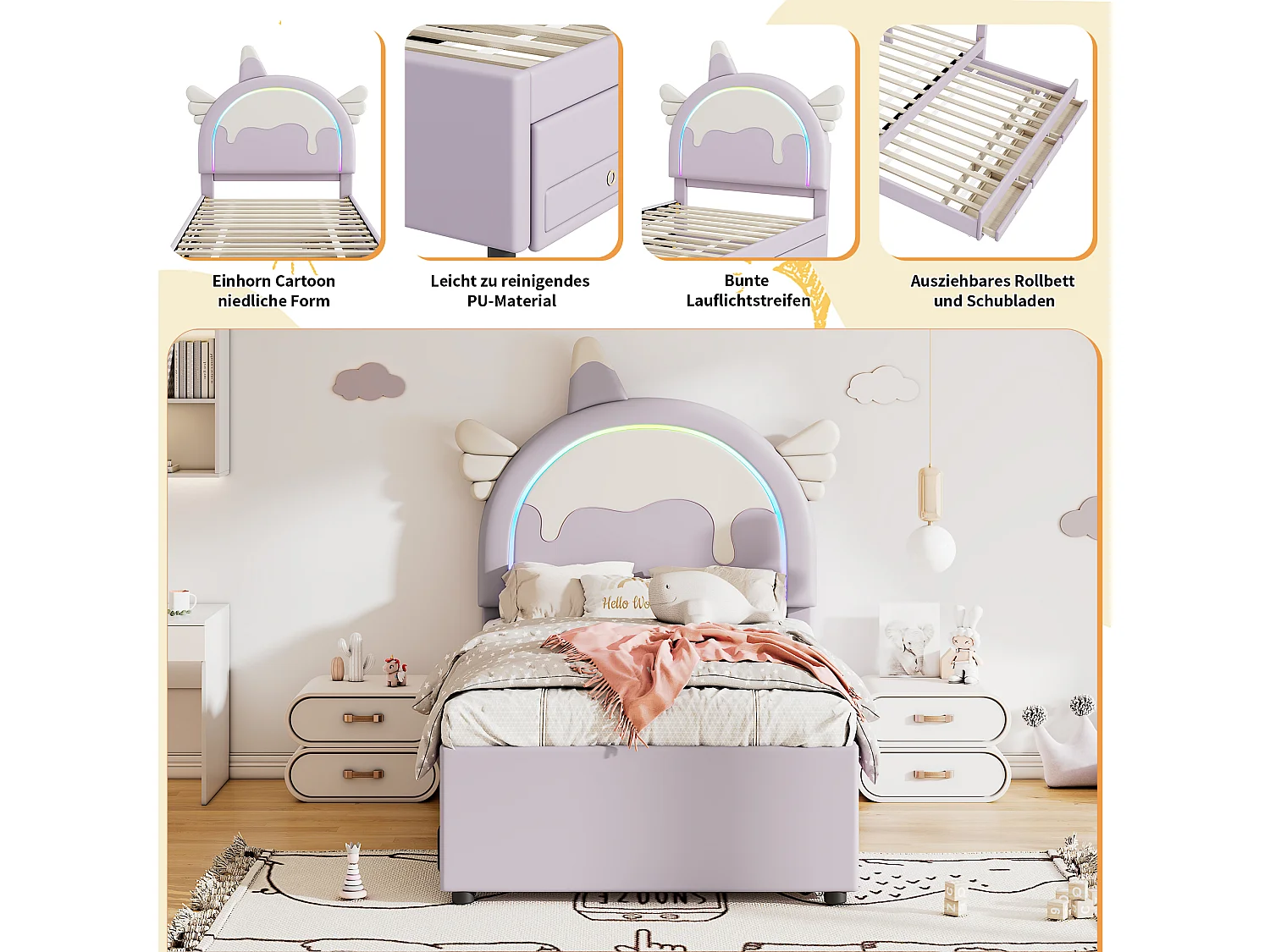 Lit gigogne 90x200cm+90x190cm, lit d'enfant avec 3 tiroirs, sommier à lattes et tête de lit forme licorne, matière PU, violet