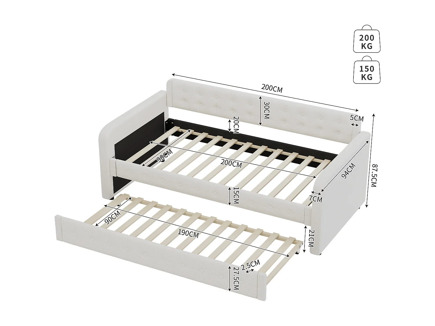 Uitschuifbed 90x200cm+90x190cm, slaapbank, deelbaar in 2 bedden, slaapbank, met lattenbodem, donkerbeige