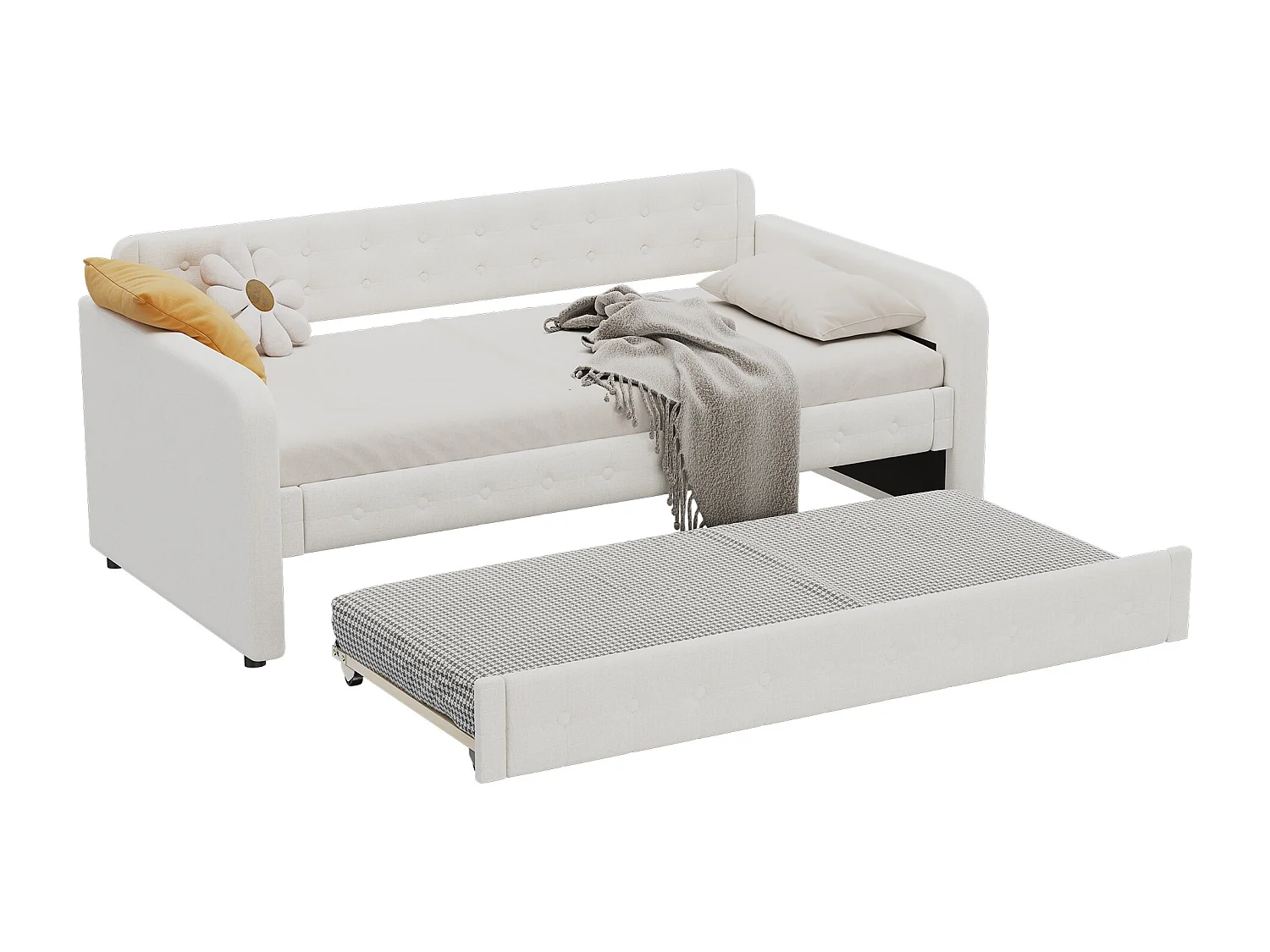 Uitschuifbed 90x200cm+90x190cm, slaapbank, deelbaar in 2 bedden, slaapbank, met lattenbodem, donkerbeige