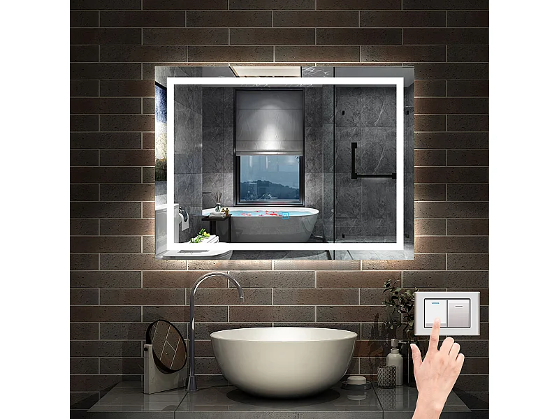 AICA Miroir LED Salle de Bain 80x60cm Dimmable avec 3 couleurs， Anti-Buée et Fonction Mémoire