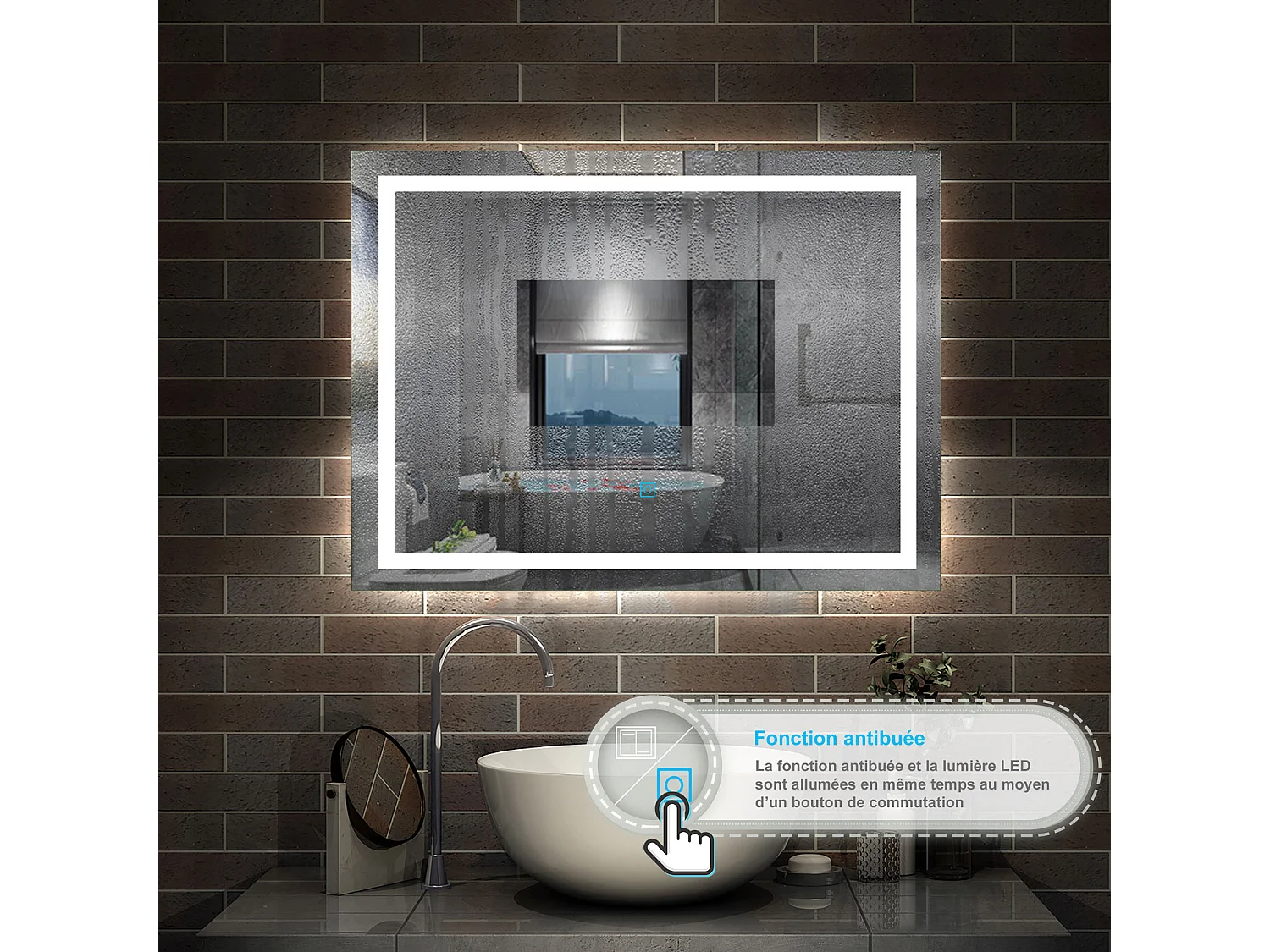 AICA Miroir LED Salle de Bain 80x60cm Dimmable avec 3 couleurs， Anti-Buée et Fonction Mémoire