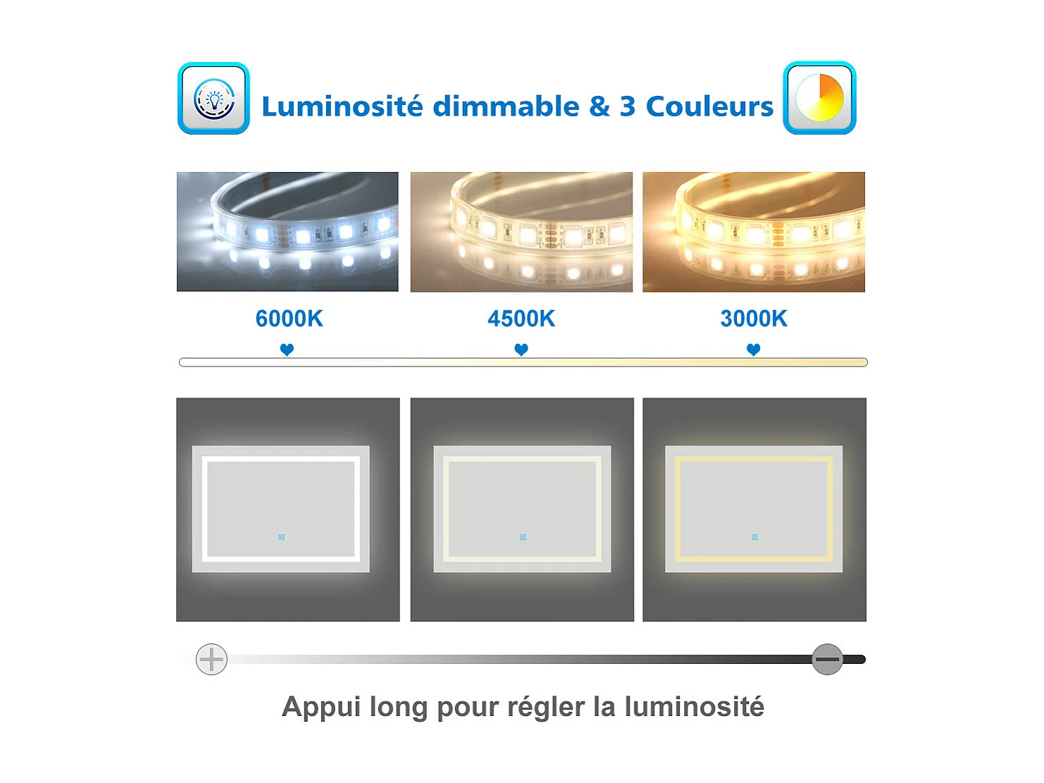 AICA Miroir LED Salle de Bain 100x60cm Dimmable avec 3 couleurs， Anti-Buée et Fonction Mémoire