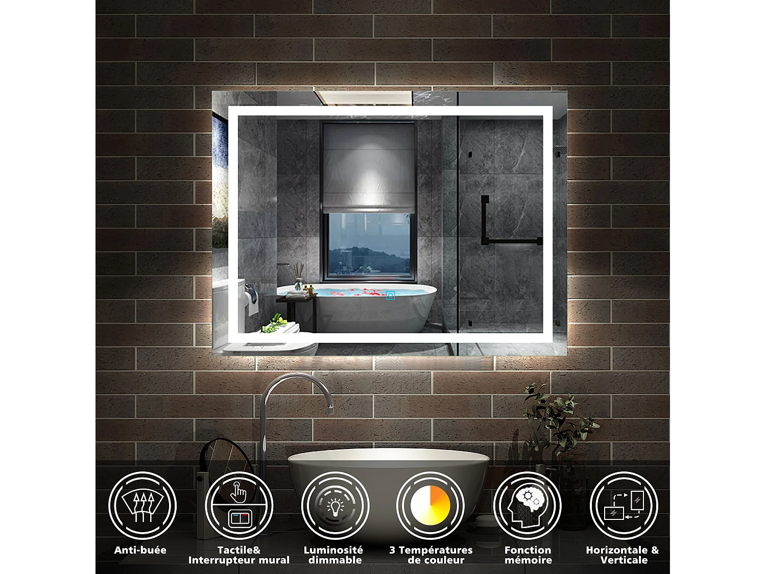 AICA Miroir LED Salle de Bain 100x60cm Dimmable avec 3 couleurs， Anti-Buée et Fonction Mémoire