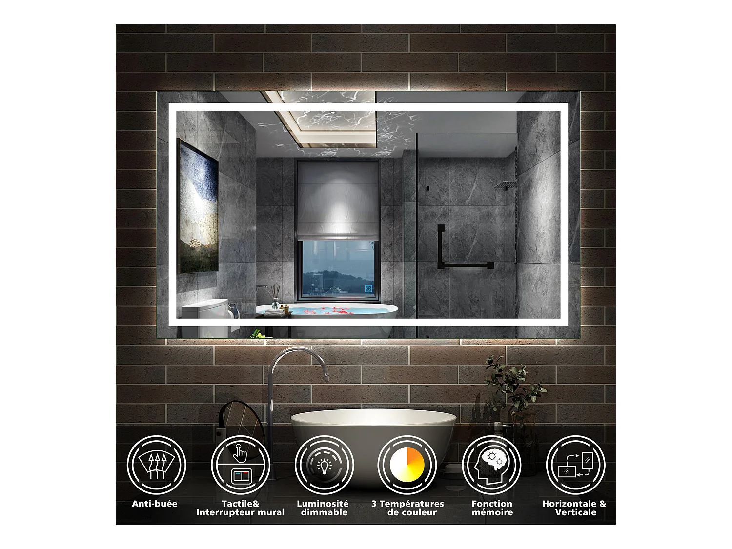 AICA Miroir LED Salle de Bain 120x70cm Dimmable avec 3 couleurs， Anti-Buée et Fonction Mémoire