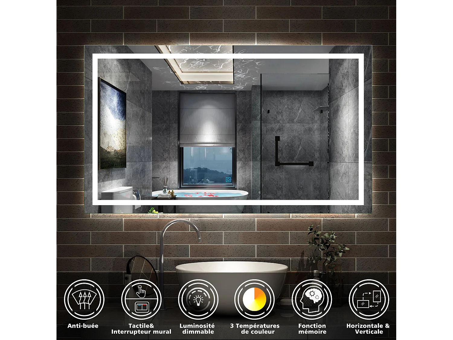 AICA Miroir LED Salle de Bain 120x70cm Dimmable avec 3 couleurs， Anti-Buée et Fonction Mémoire