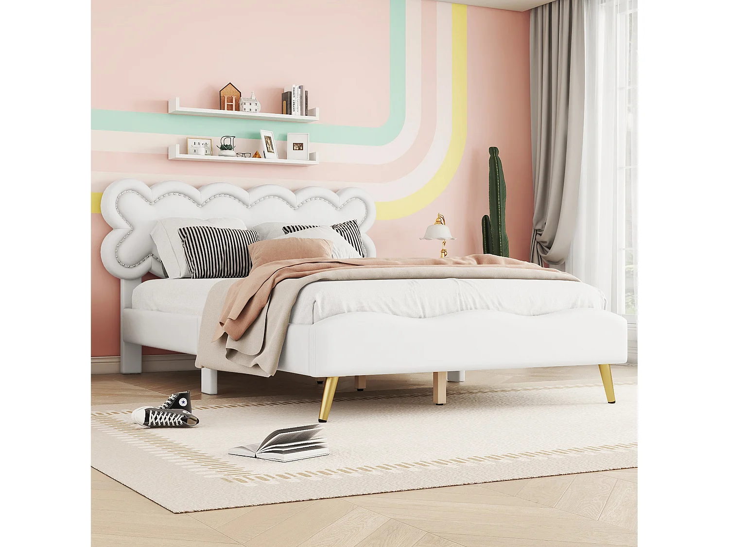 Cama estofada, 140 x 200 cm Cama de casal com estrado de ripas (sem colchão), PU, ​​estilo minimalista, branco