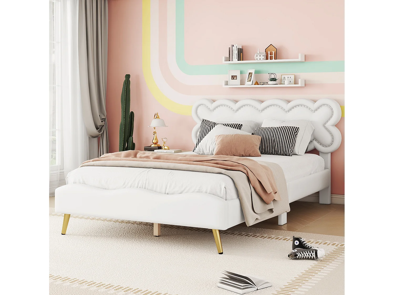 Cama estofada, 140 x 200 cm Cama de casal com estrado de ripas (sem colchão), PU, ​​estilo minimalista, branco