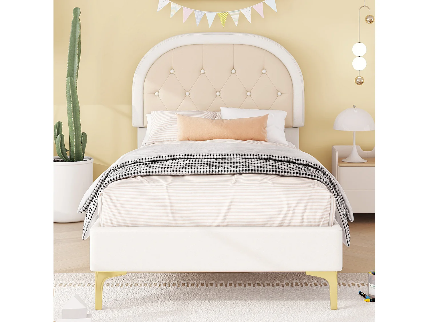 Bett mit Lattenrost und Metallbeinen, geschwungenes Kopfteil, Samt, minimalistisch, beige, 90x200cm (ohne Matratze)