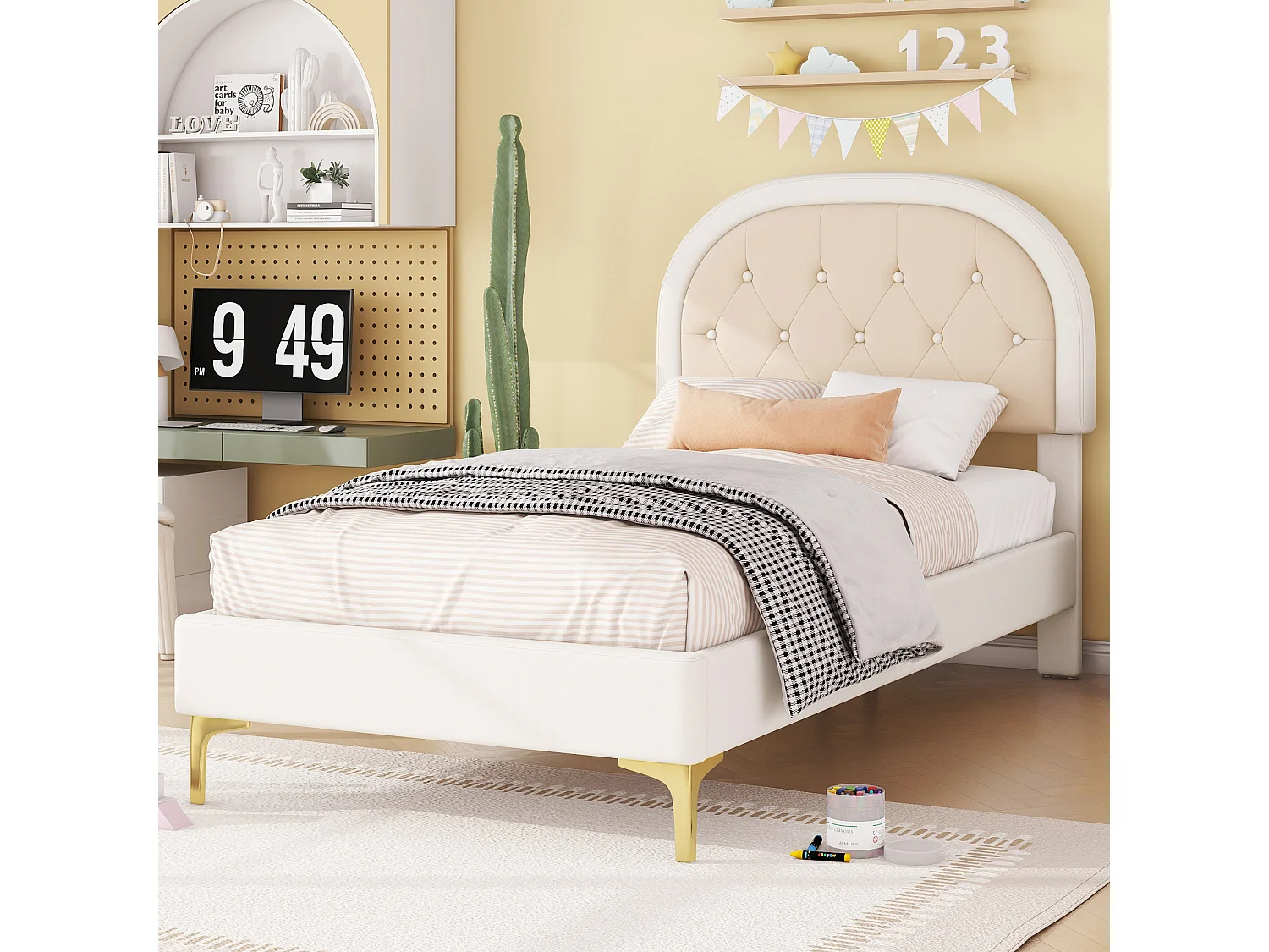 Bett mit Lattenrost und Metallbeinen, geschwungenes Kopfteil, Samt, minimalistisch, beige, 90x200cm (ohne Matratze)