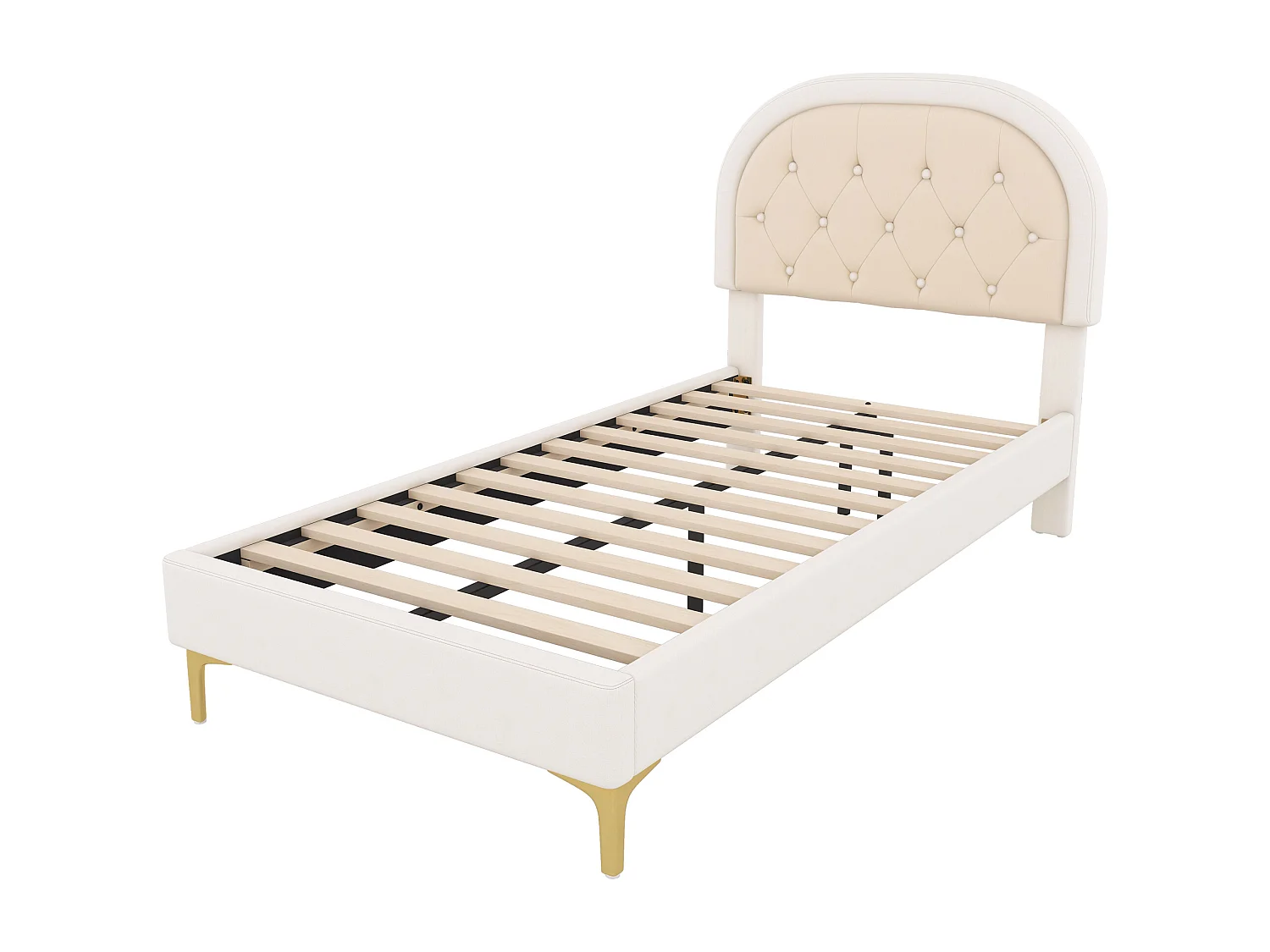 Bett mit Lattenrost und Metallbeinen, geschwungenes Kopfteil, Samt, minimalistisch, beige, 90x200cm (ohne Matratze)