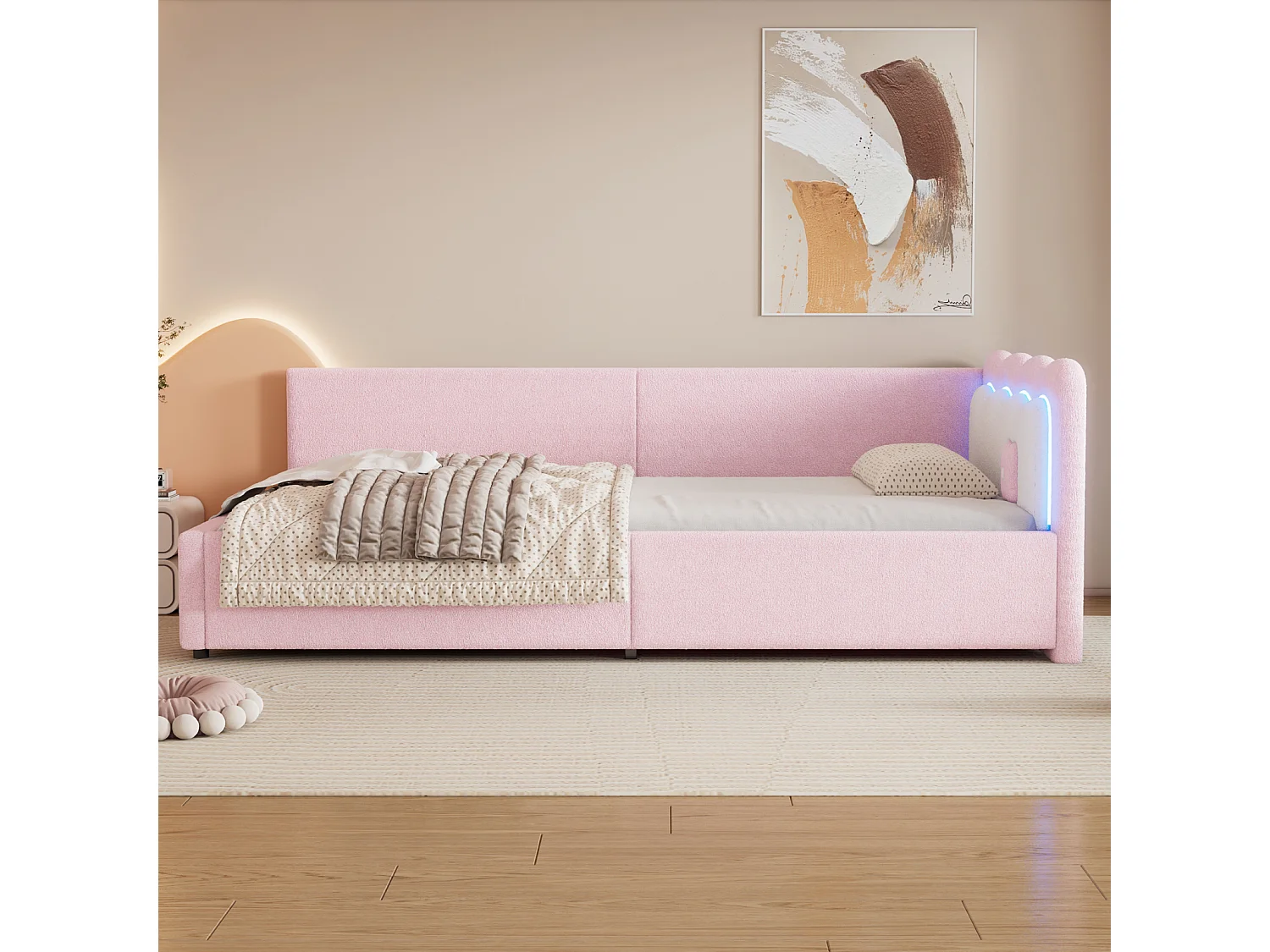 Lit simple 90x200cm - canapé-lit enfant avec LED, sommier à lattes (sans matelas), imitation polaire - en velours rose