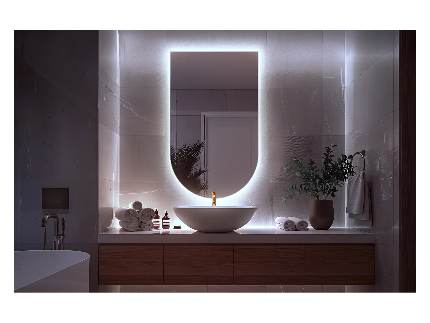 Unregelmäßiger halbovaler Spiegel 45 x 80 cm, LED-Premium-Hängespiegel für Wohnzimmer – kaltes Licht