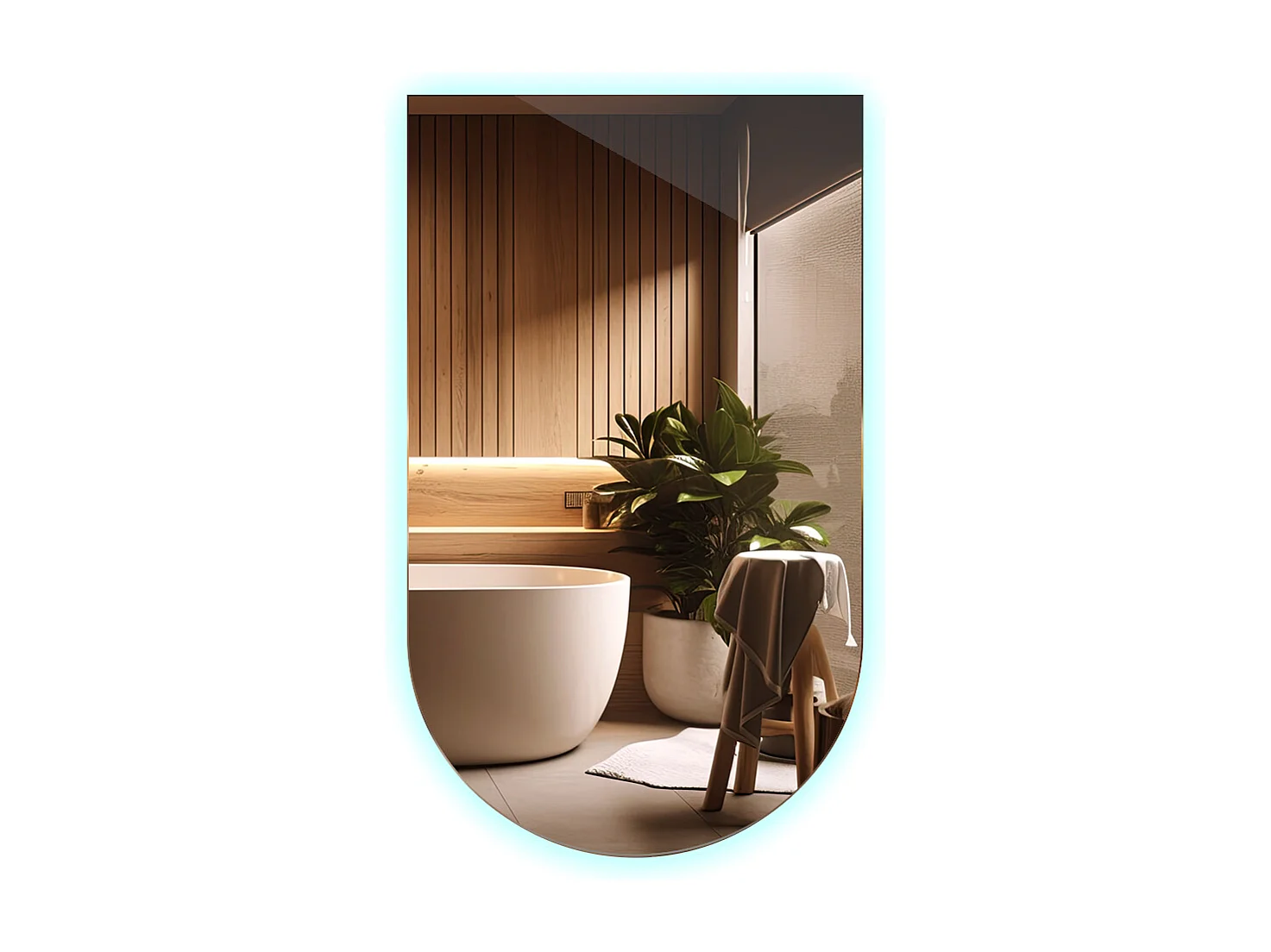 Minimalistischer unregelmäßiger halbovaler Spiegel 50 x 90 cm LED für das Badezimmer – kaltes Licht