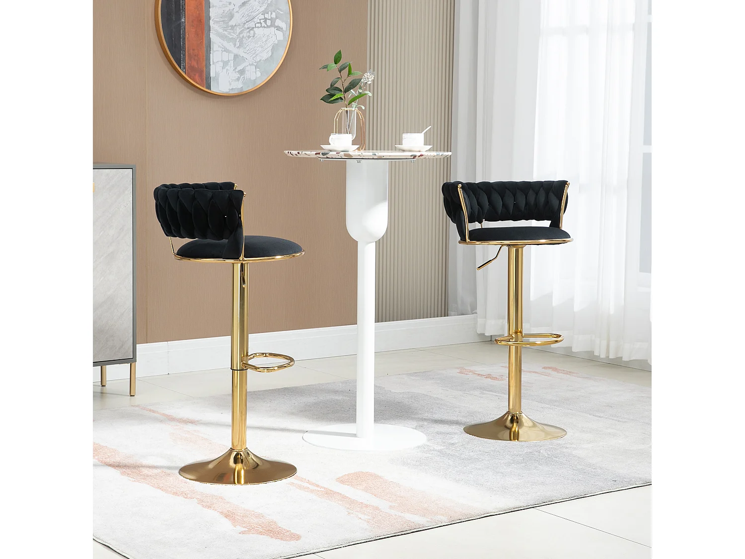 Set de 2 Tabourets de bar pivotantes à 360° et réglables en hauteur avec repose-pieds, velours, noir et argent
