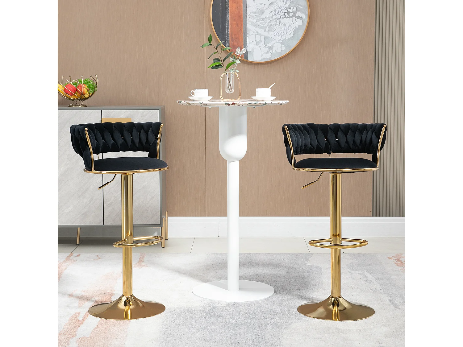 Set de 2 Tabourets de bar pivotantes à 360° et réglables en hauteur avec repose-pieds, velours, noir et argent