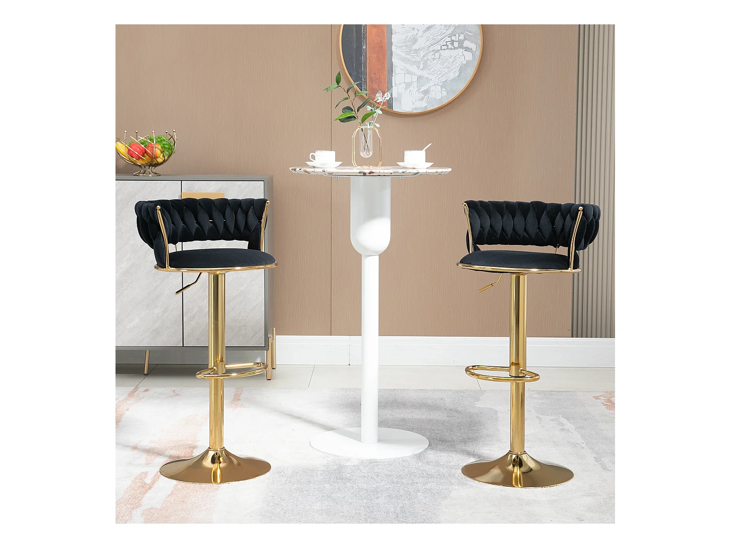Set de 2 Tabourets de bar pivotantes à 360° et réglables en hauteur avec repose-pieds, velours, noir et argent